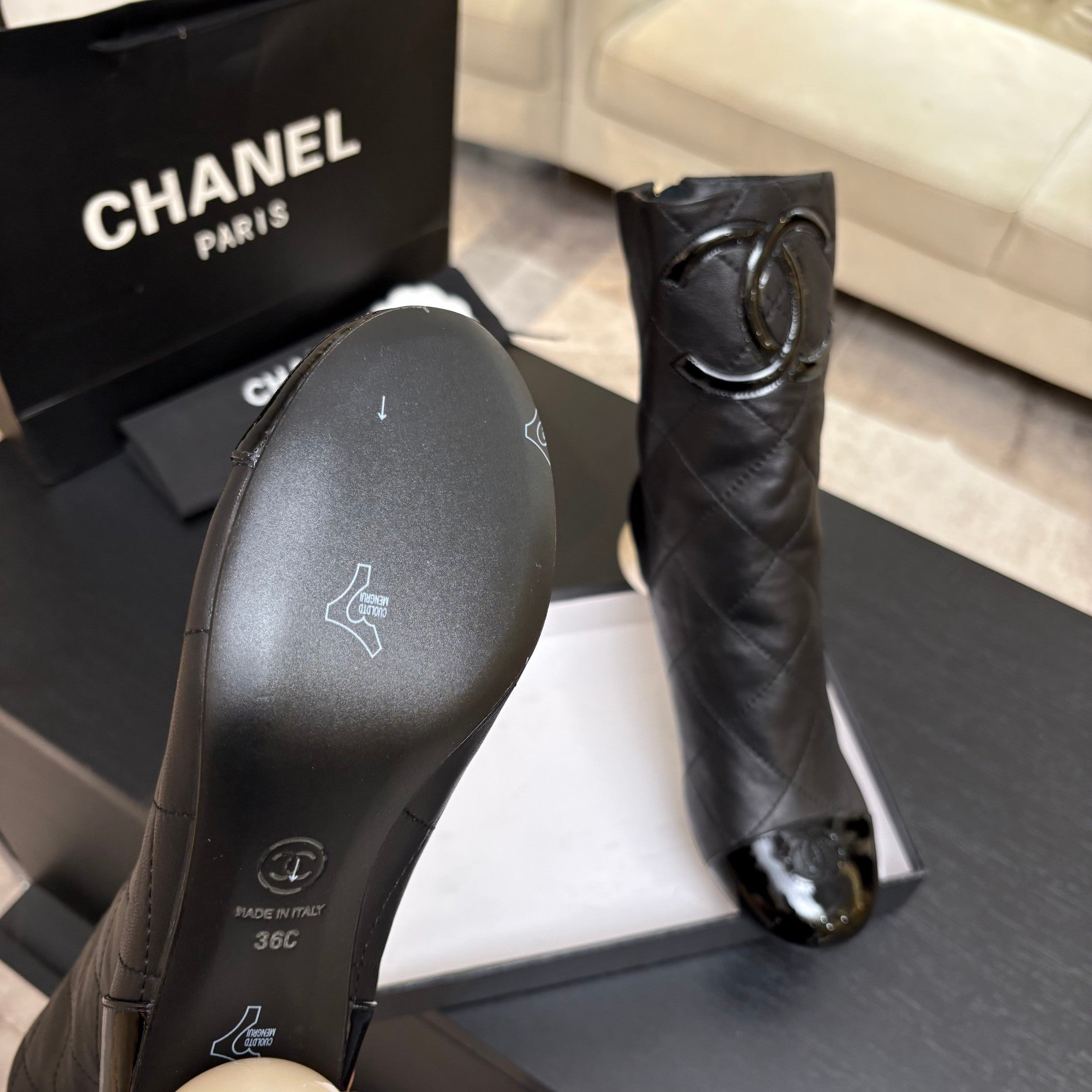 CC 26s Mid-Calf Pearl Boots Black Quited Calfskin 957731