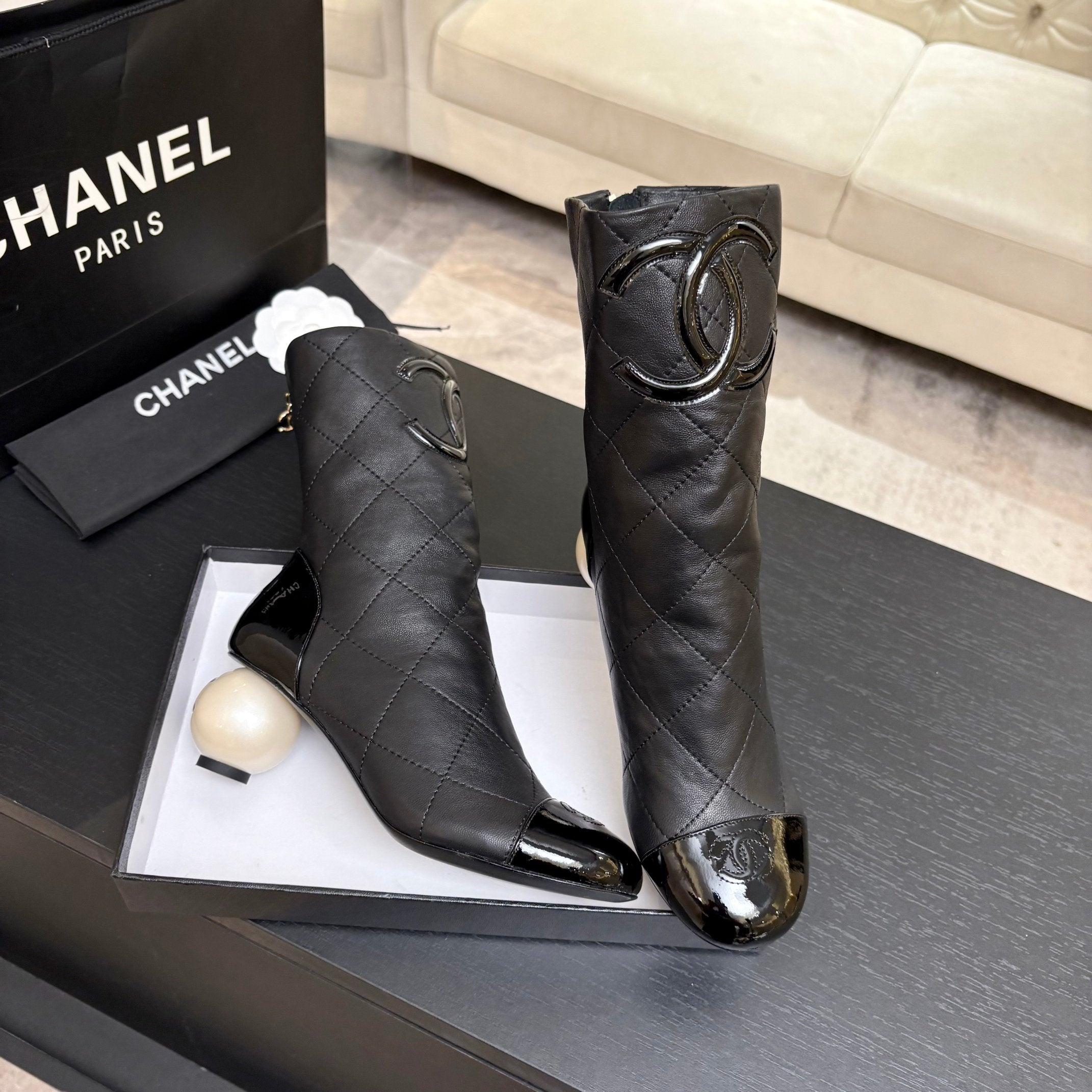 CC 26s Mid-Calf Pearl Boots Black Quited Calfskin 957731