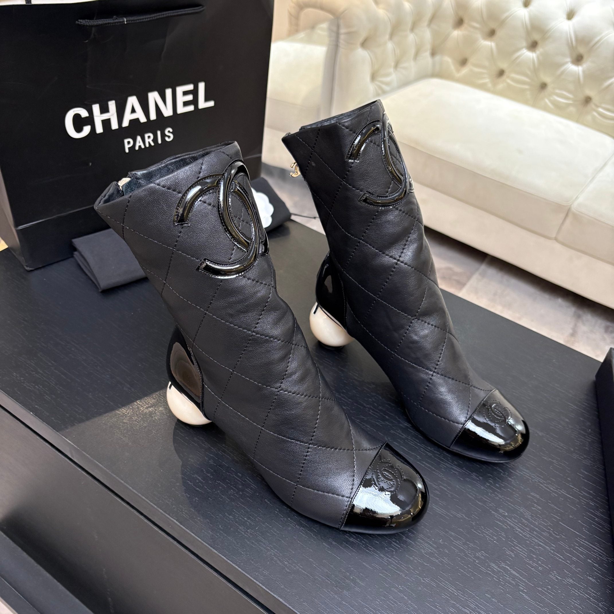 CC 26s Mid-Calf Pearl Boots Black Quited Calfskin 957731