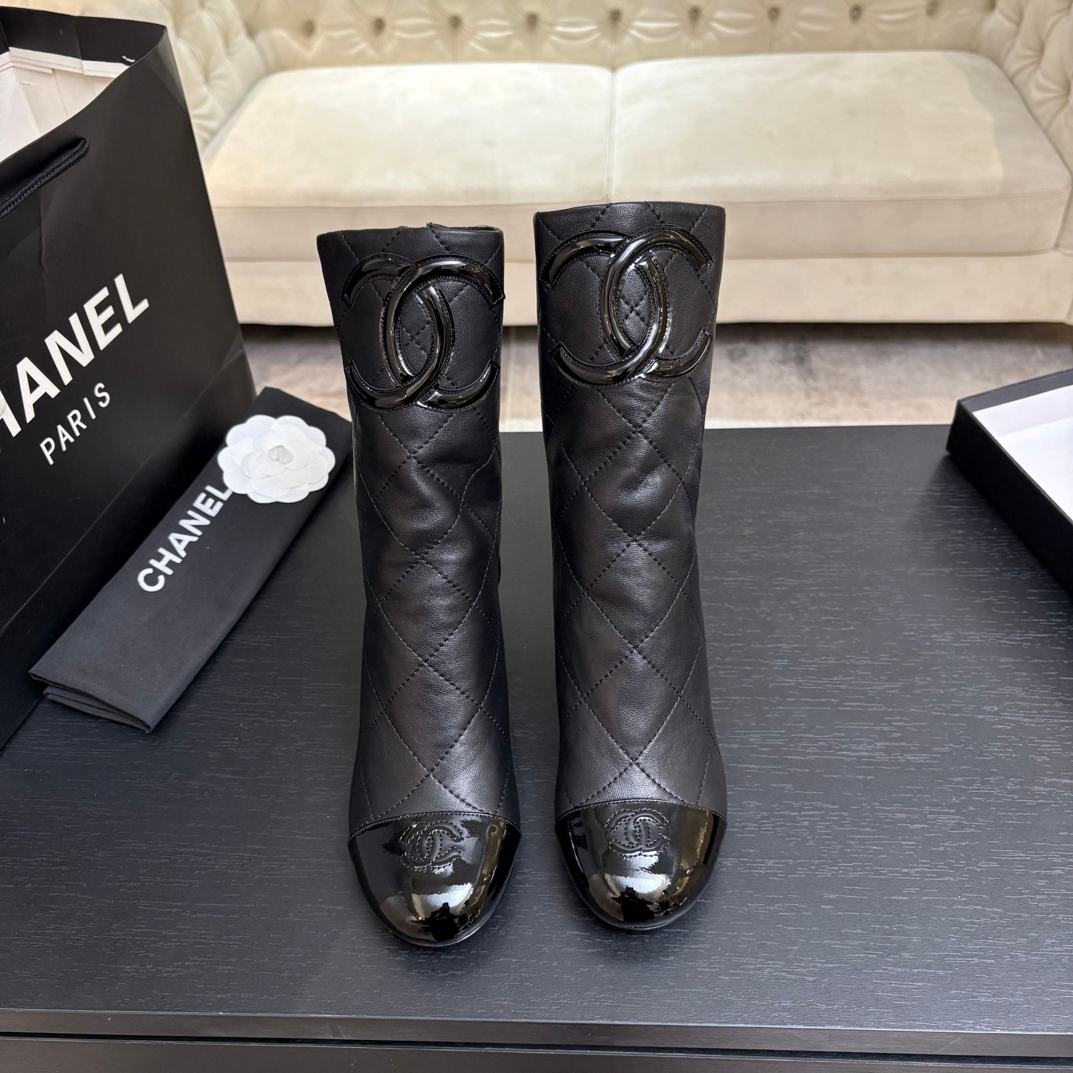 CC 26s Mid-Calf Pearl Boots Black Quited Calfskin 957731