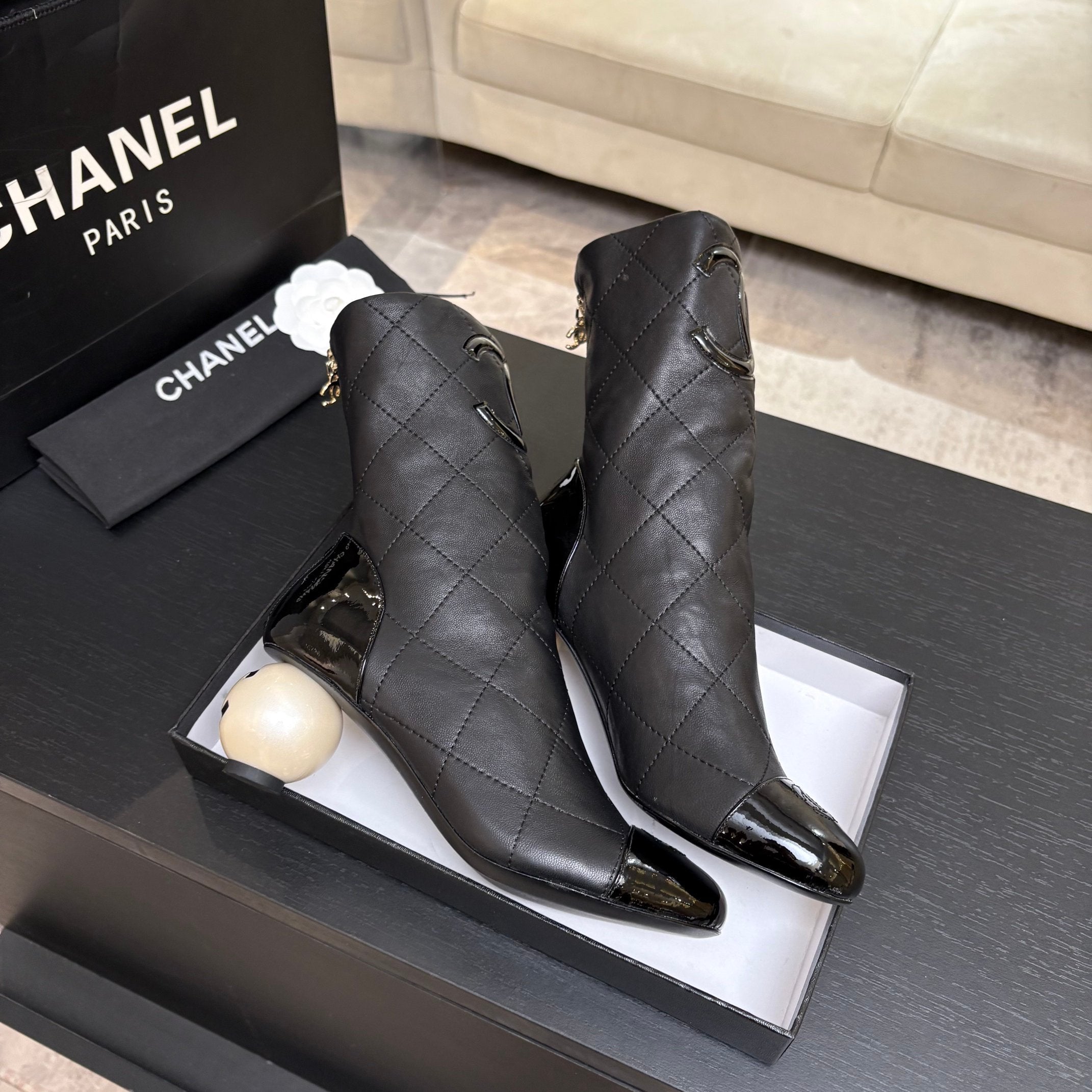 CC 26s Mid-Calf Pearl Boots Black Quited Calfskin 957731