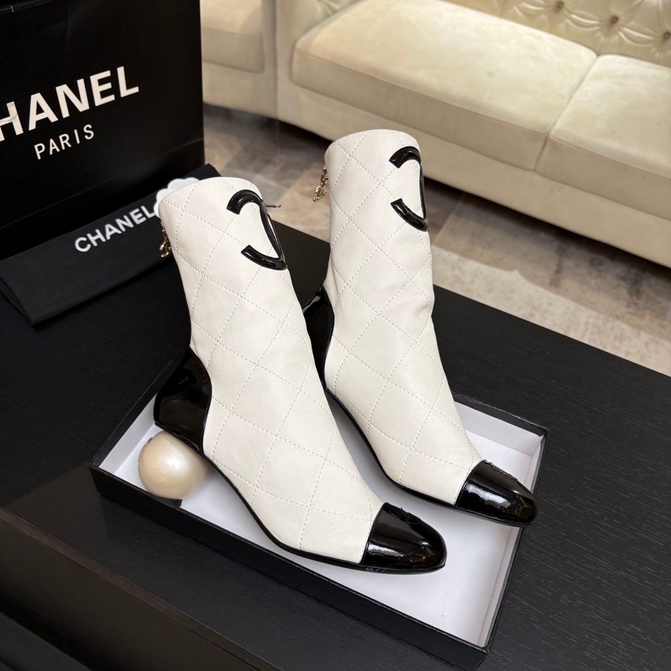 CC 26s Mid-Calf Pearl Boots White Quited Calfskin 957732