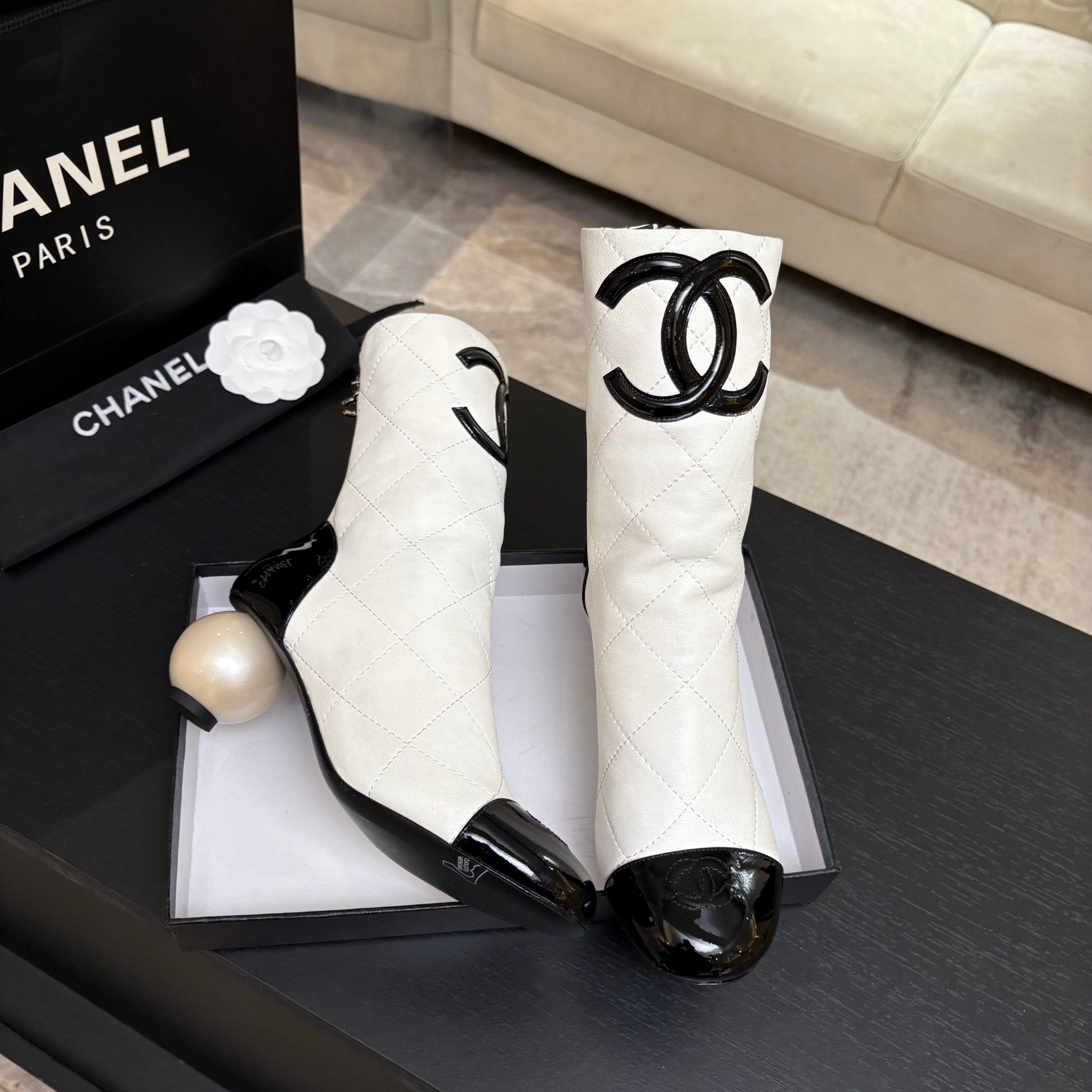 CC 26s Mid-Calf Pearl Boots White Quited Calfskin 957732
