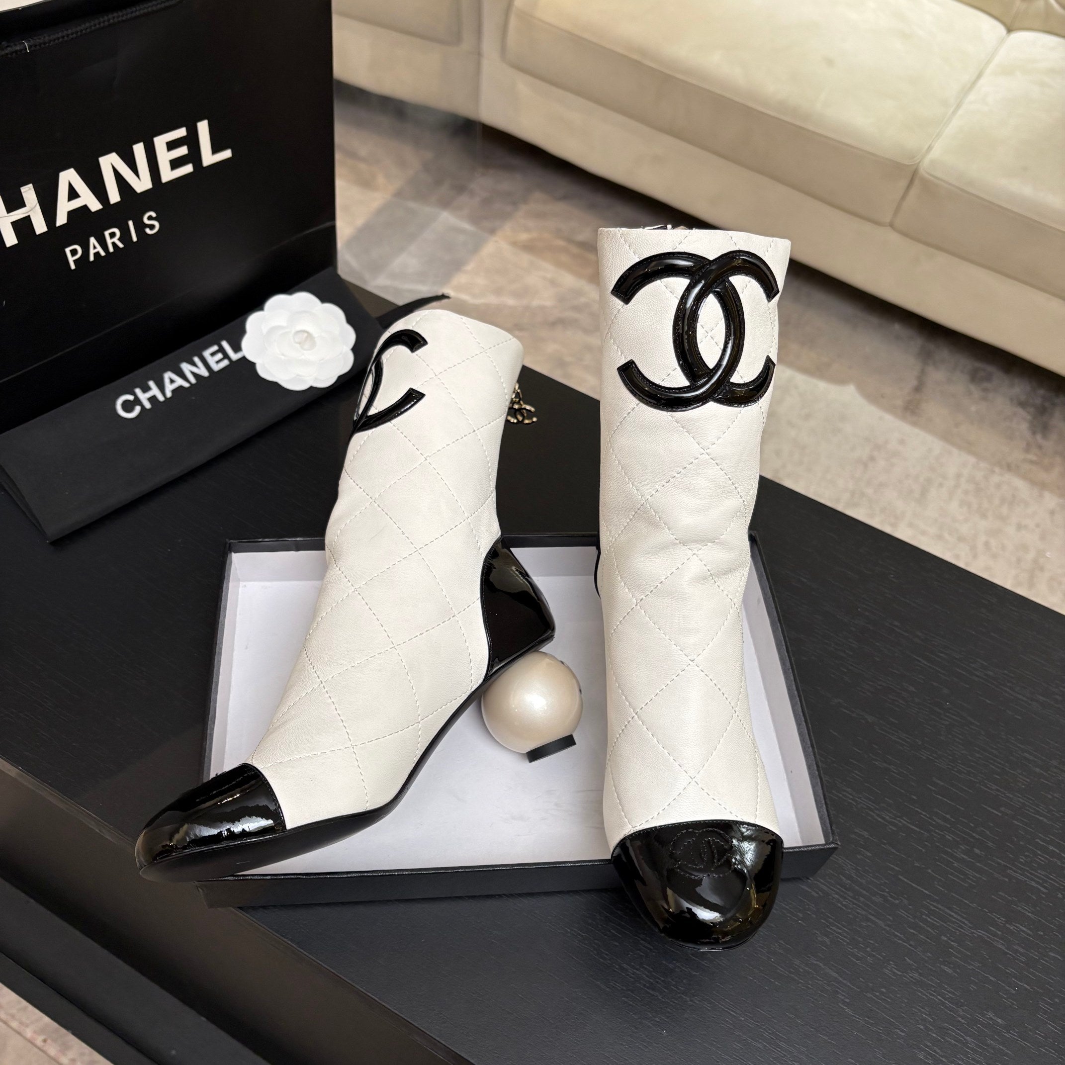 CC 26s Mid-Calf Pearl Boots White Quited Calfskin 957732