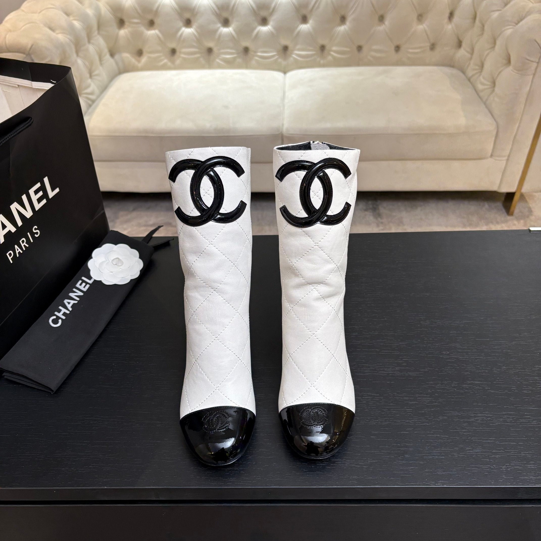 CC 26s Mid-Calf Pearl Boots White Quited Calfskin 957732