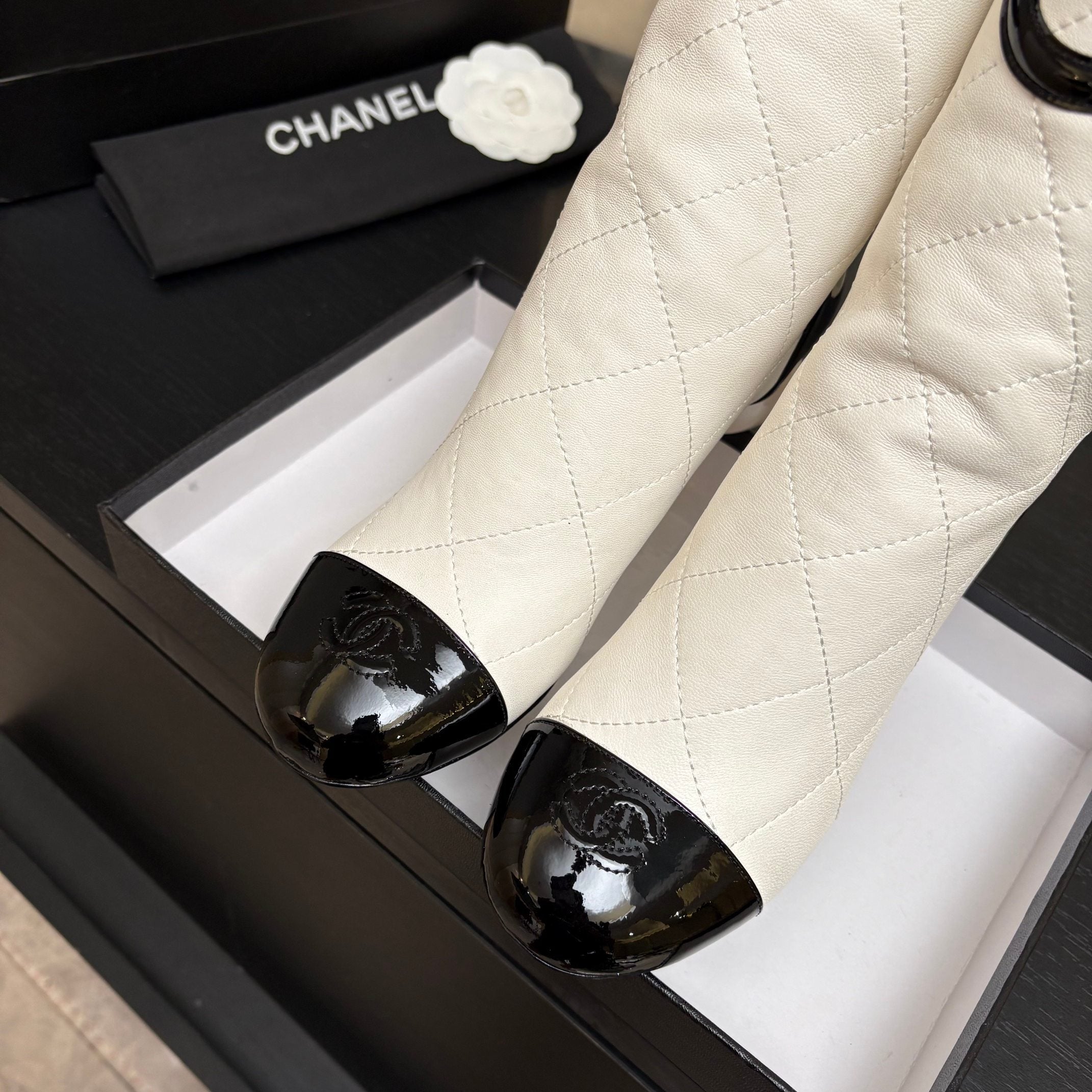 CC 26s Mid-Calf Pearl Boots White Quited Calfskin 957732