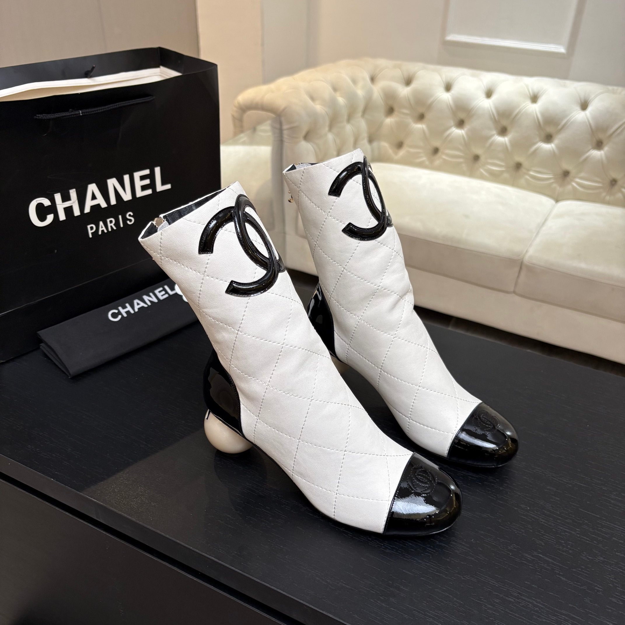 CC 26s Mid-Calf Pearl Boots White Quited Calfskin 957732