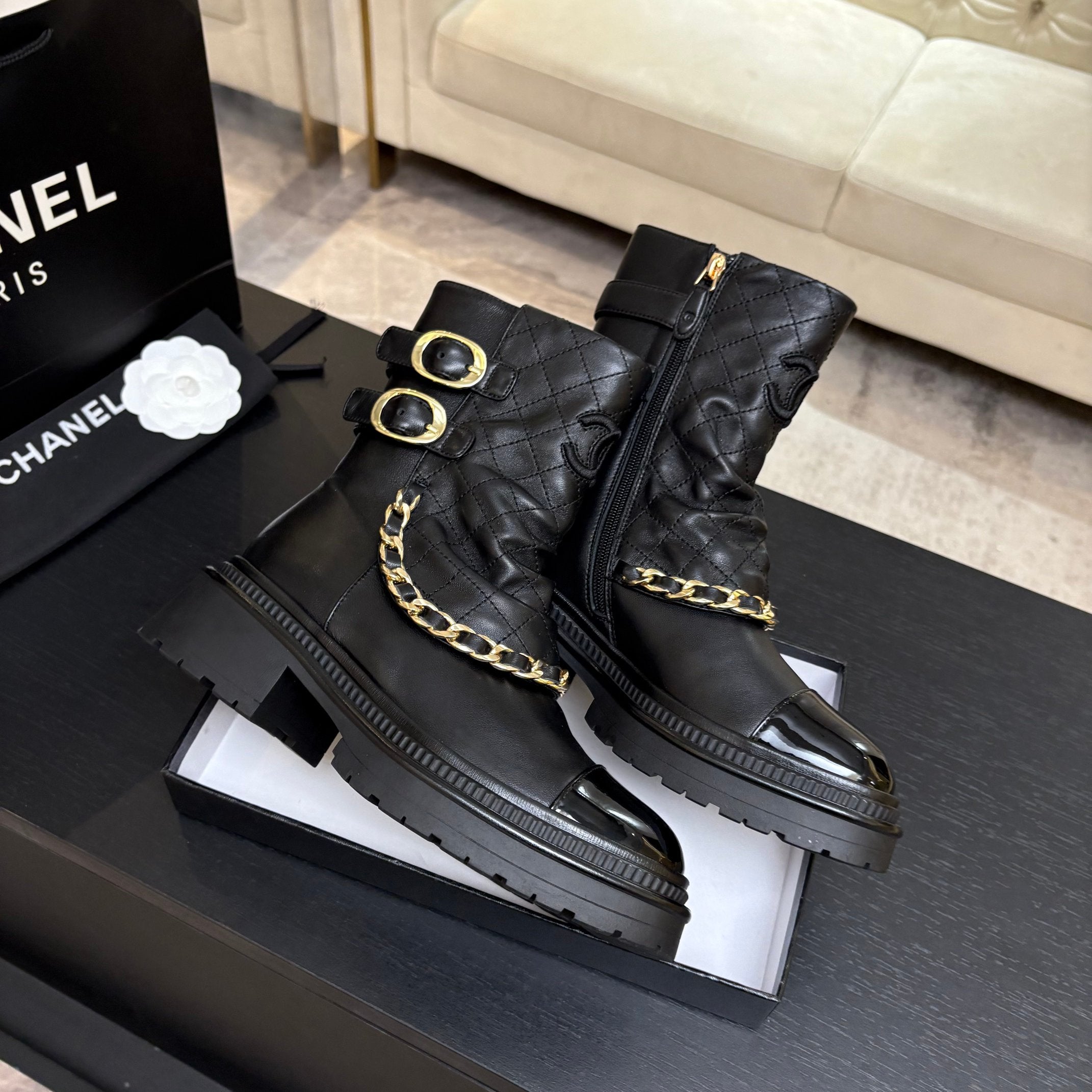 CC 26s Combat Boots Black Quilted Patent Calfskin 957754