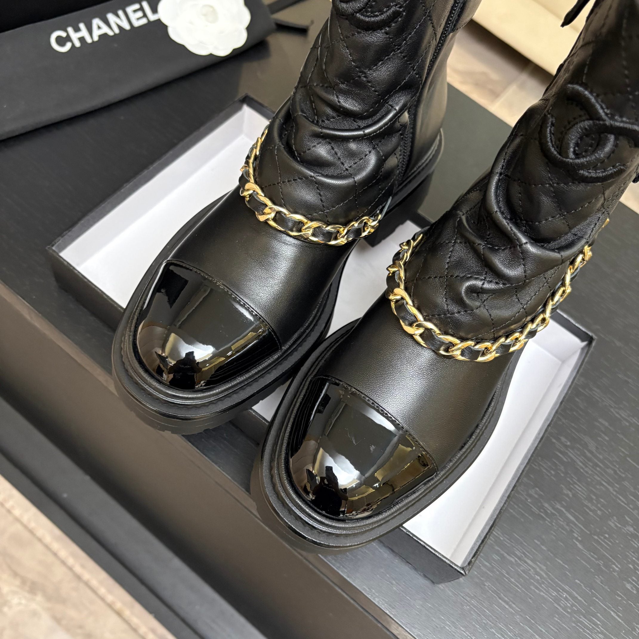 CC 26s Combat Boots Black Quilted Patent Calfskin 957754