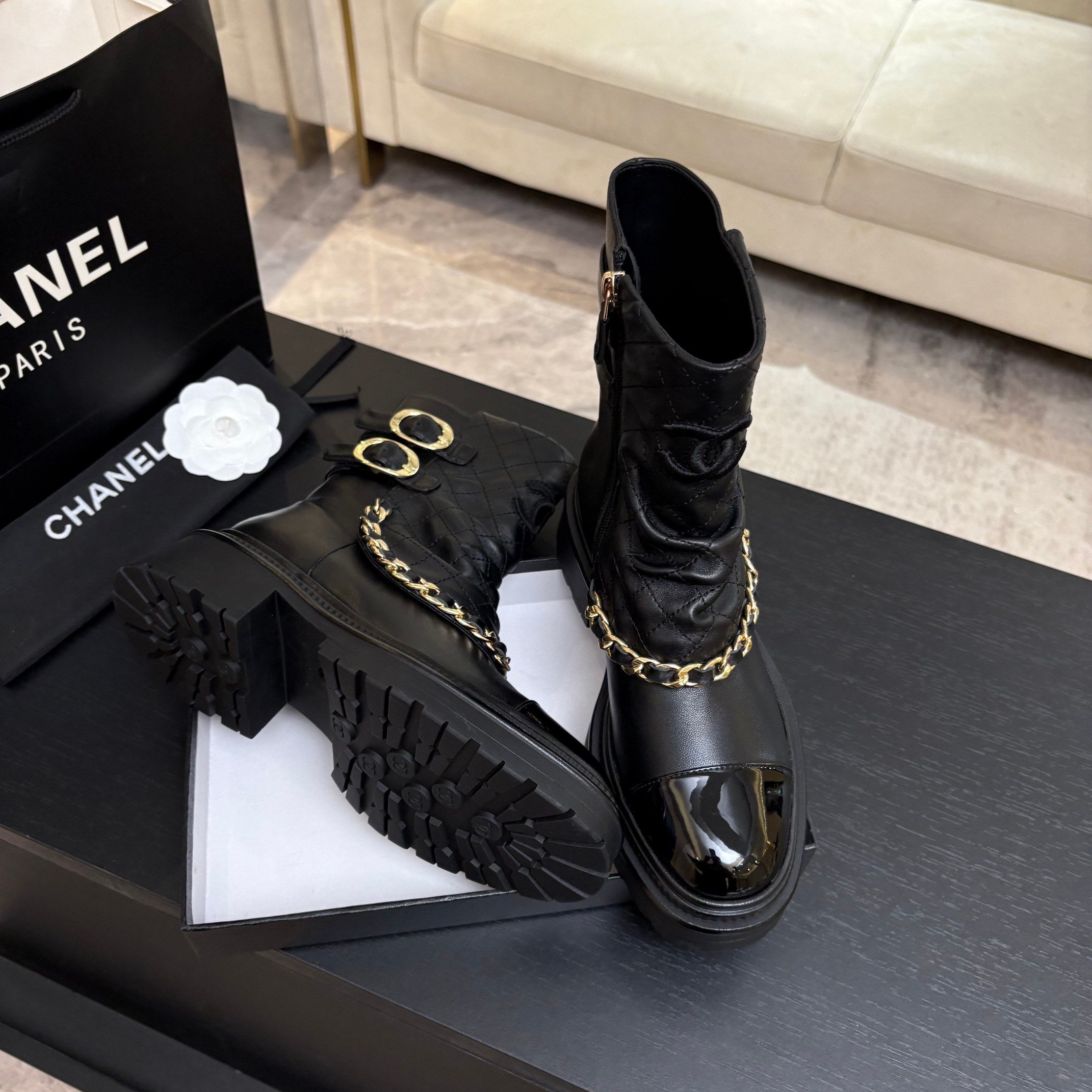 CC 26s Combat Boots Black Quilted Patent Calfskin 957754