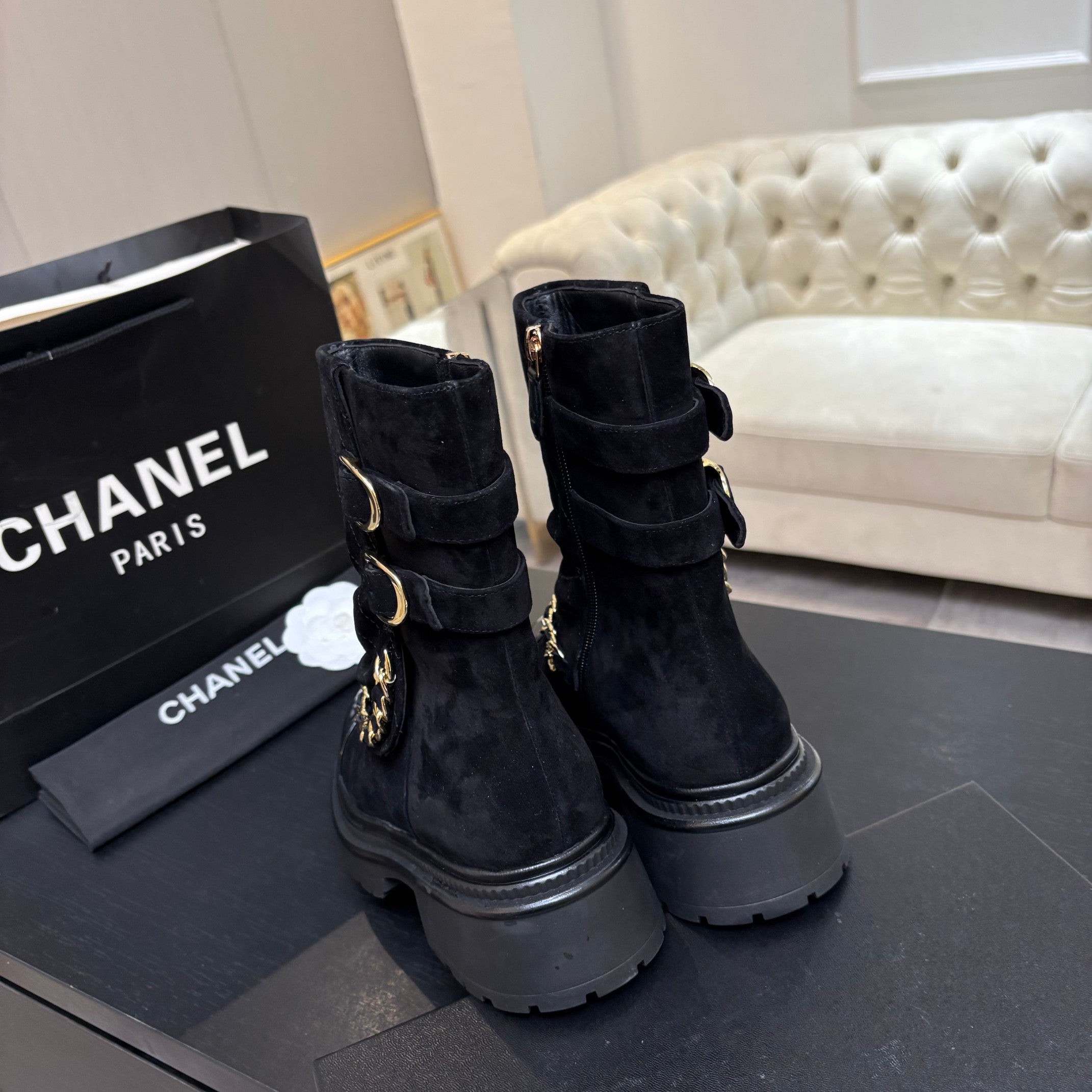 CC 26s Combat Boots Quilted Black Suede Black Patent Calfskin 957756