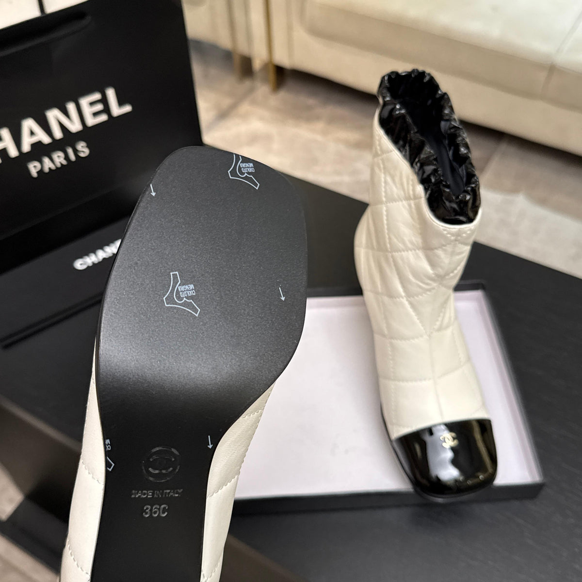 Chanel 26s Quilted Ankle Boots 6cm White Black Leather 167941