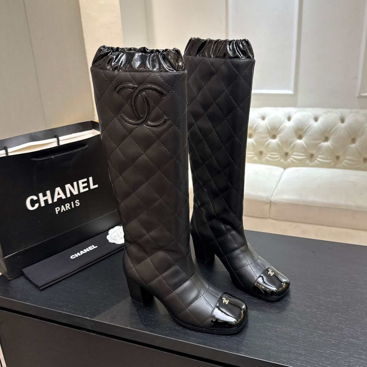 Chanel 26s Quilted High Boots 6cm Black Leather 167942