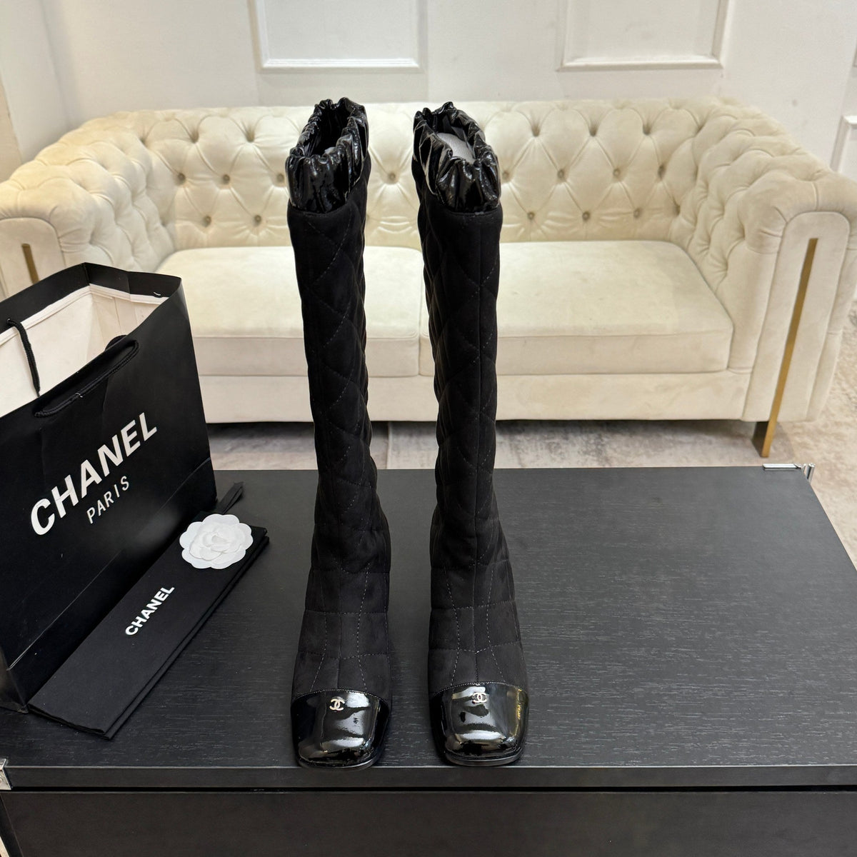 Chanel 26s Quilted High Boots 6cm Black Suede Leather 167943