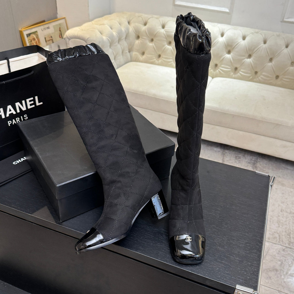 Chanel 26s Quilted High Boots 6cm Black Suede Leather 167943