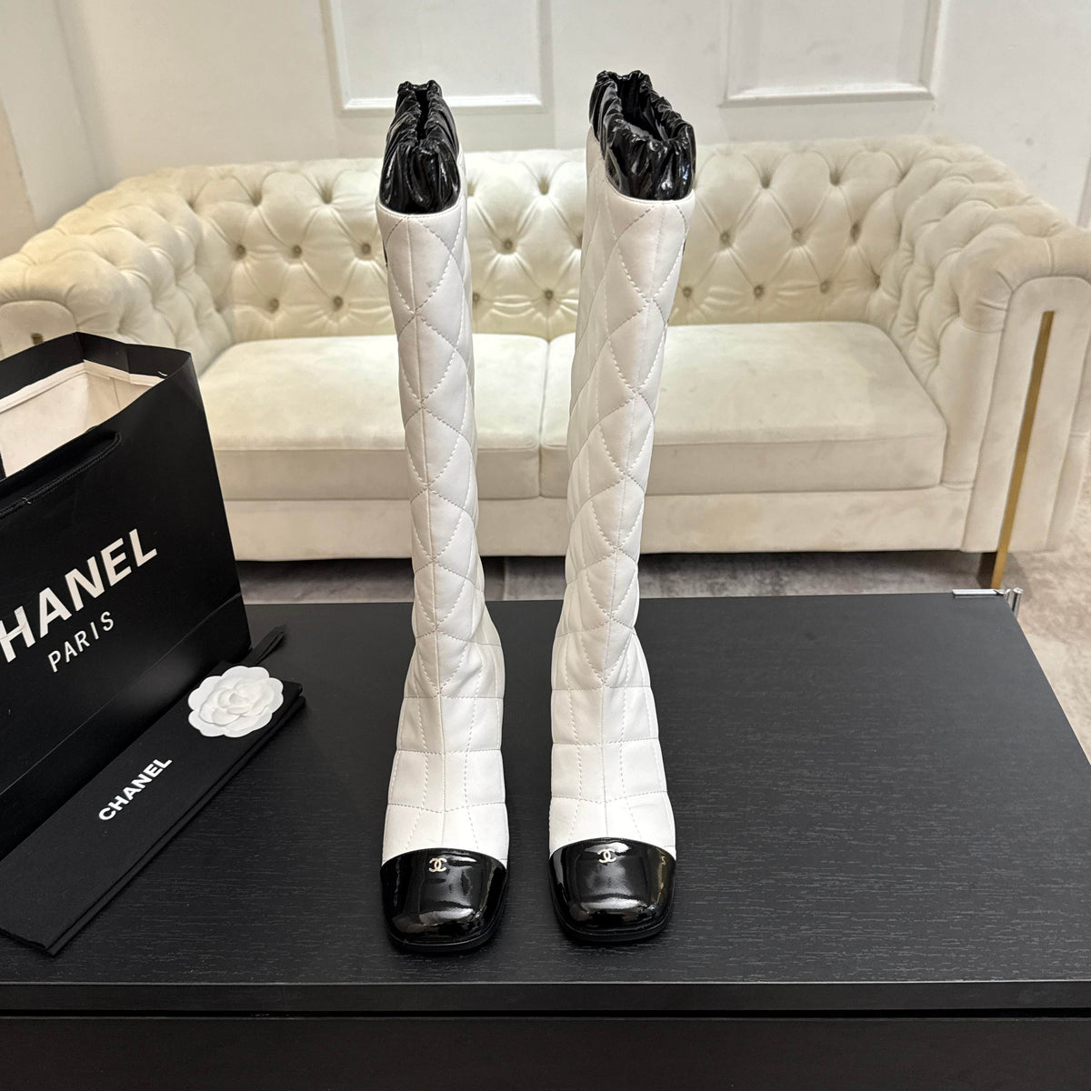 Chanel 26s Quilted High Boots 6cm White Black Leather 167944