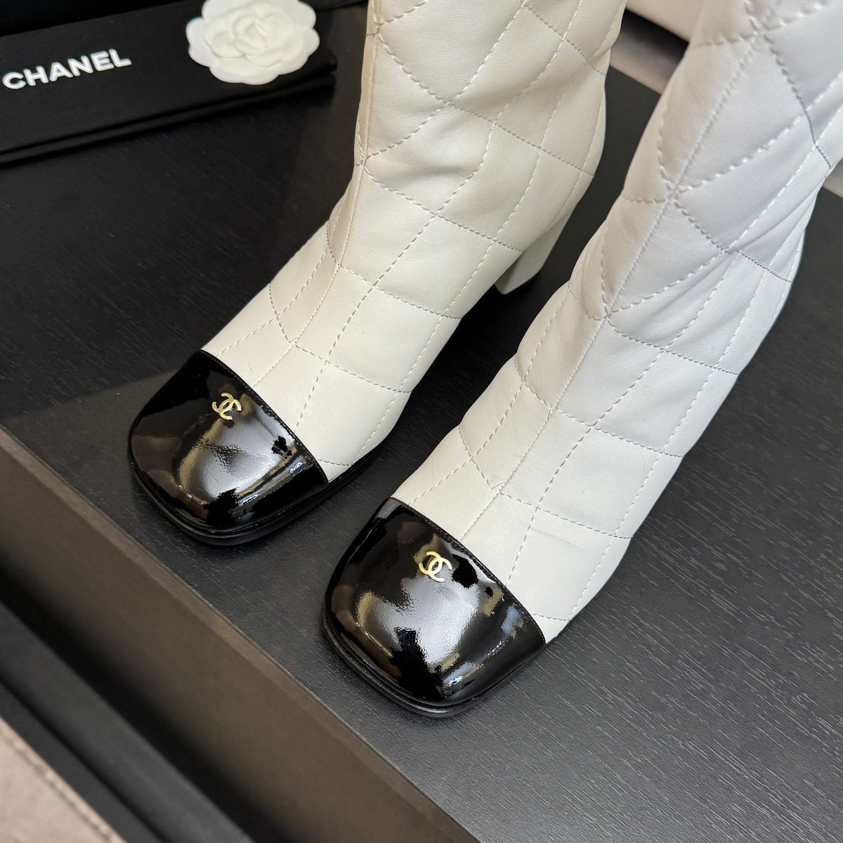 Chanel 26s Quilted High Boots 6cm White Black Leather 167944