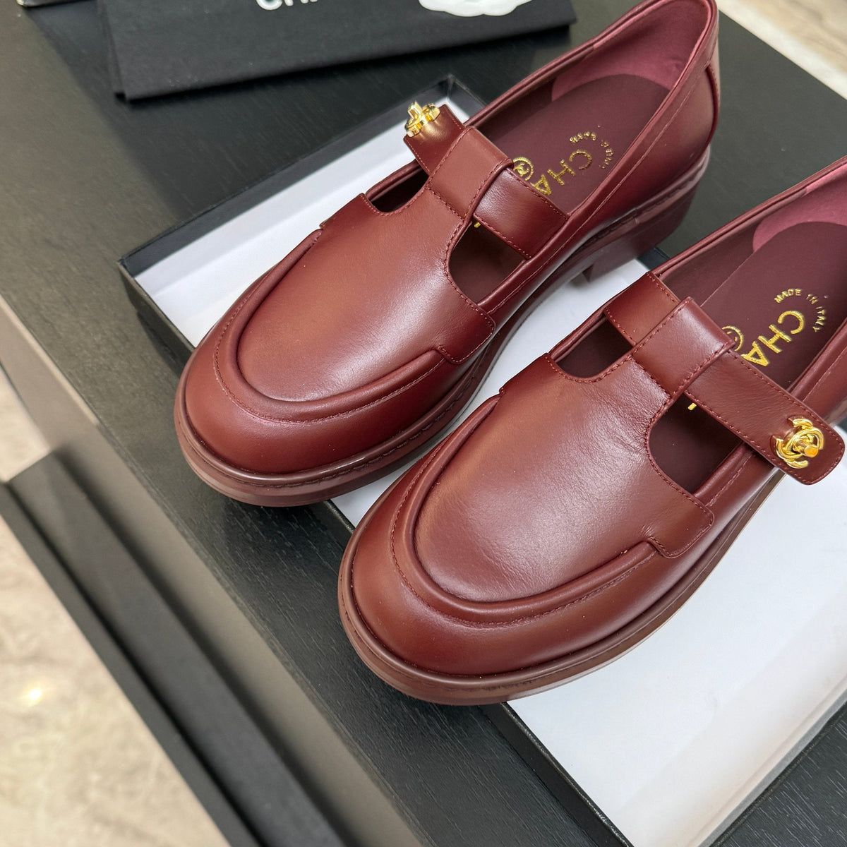 Chanel 26s Mary Jane Loafers 3cm Burgundy Leather 167975