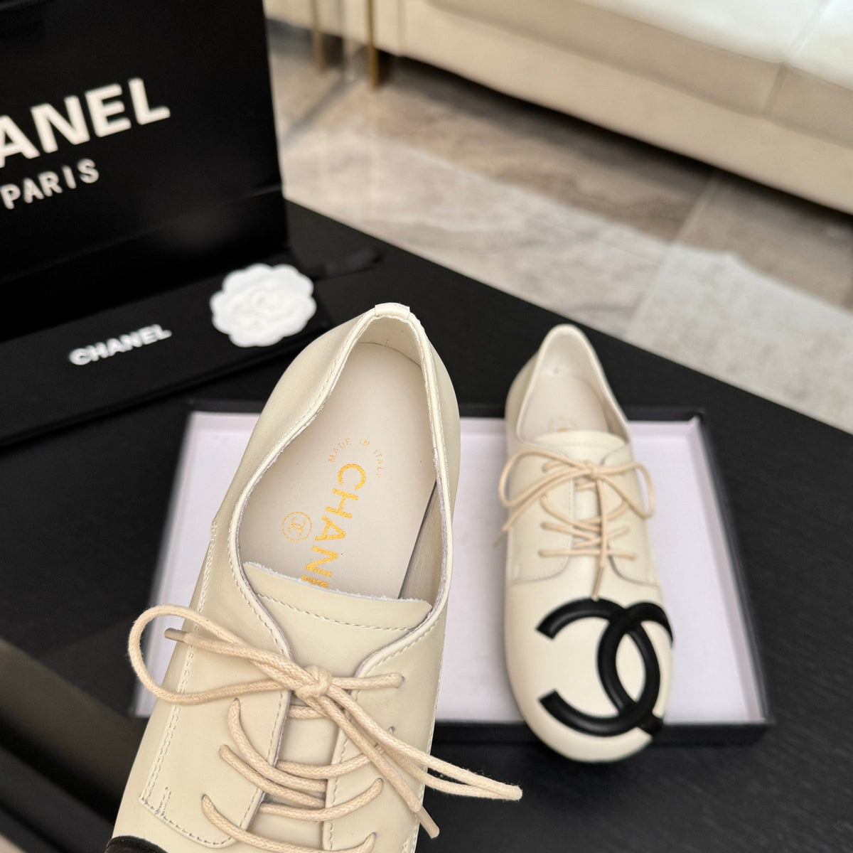 Chanel 26s Cambon Oxfords Cream Black Leather 168046