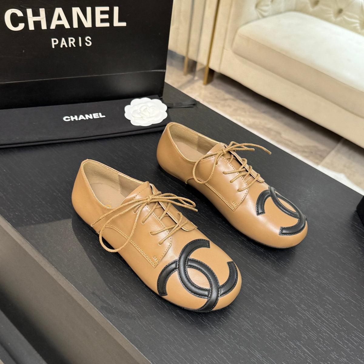 Chanel 26s Cambon Oxfords Camel Black Leather 168047