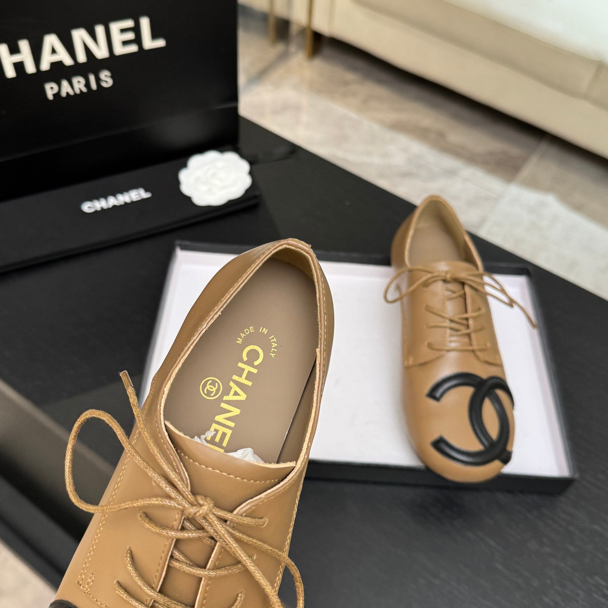 Chanel 26s Cambon Oxfords Camel Black Leather 168047
