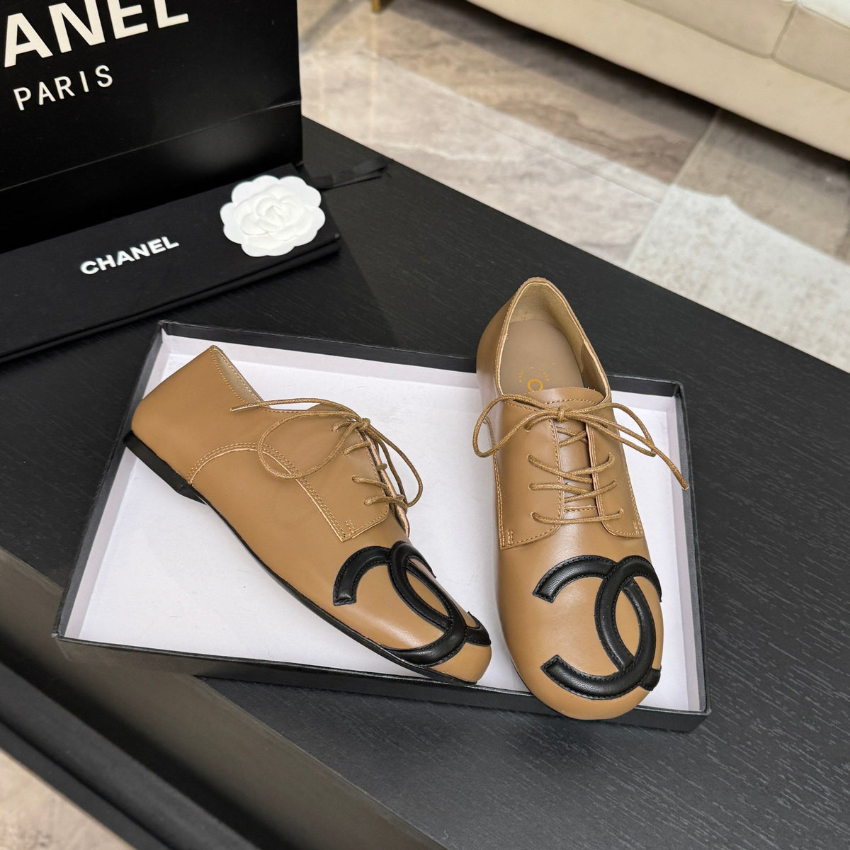 Chanel 26s Cambon Oxfords Camel Black Leather 168047