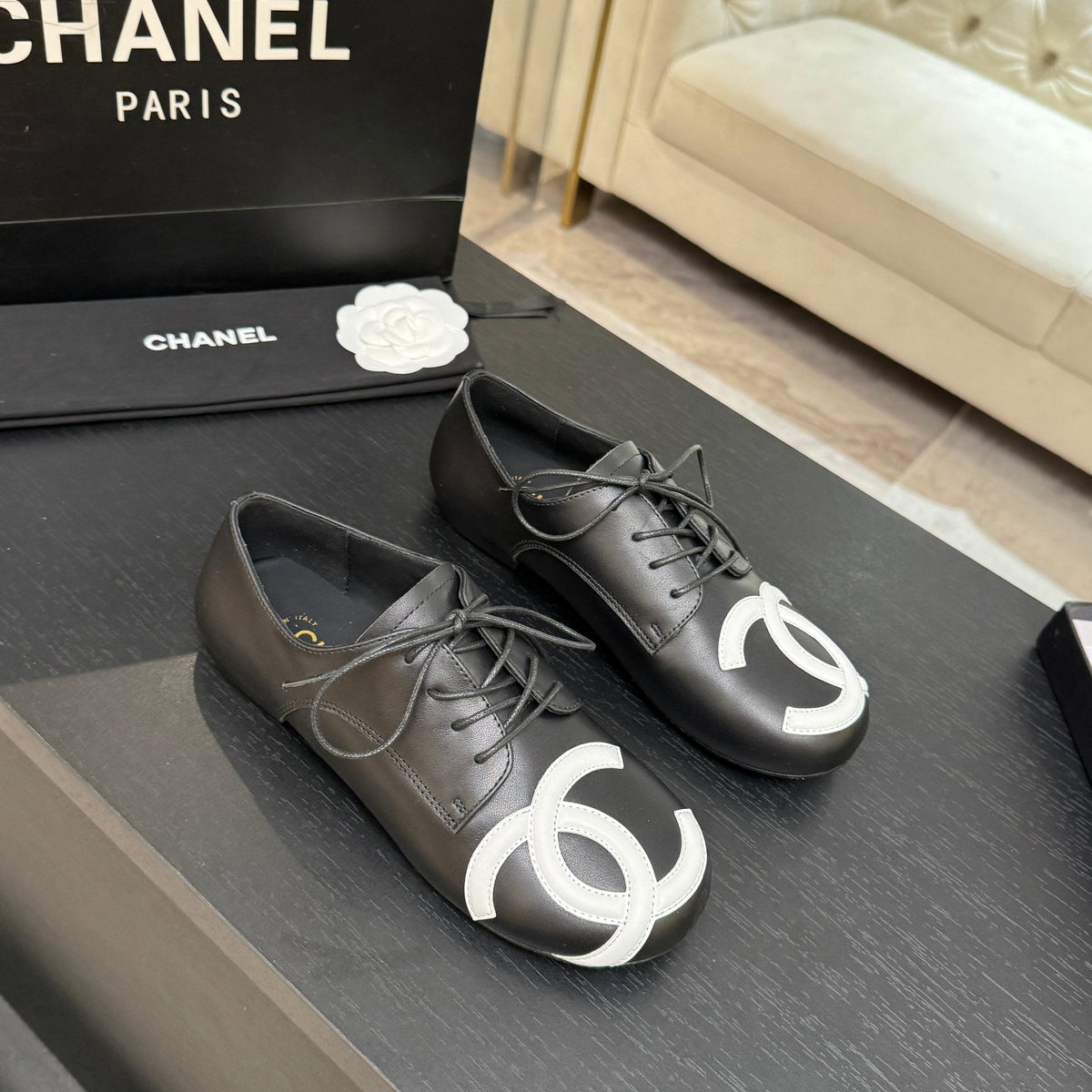 Chanel 26s Cambon Oxfords Black White Leather 168048