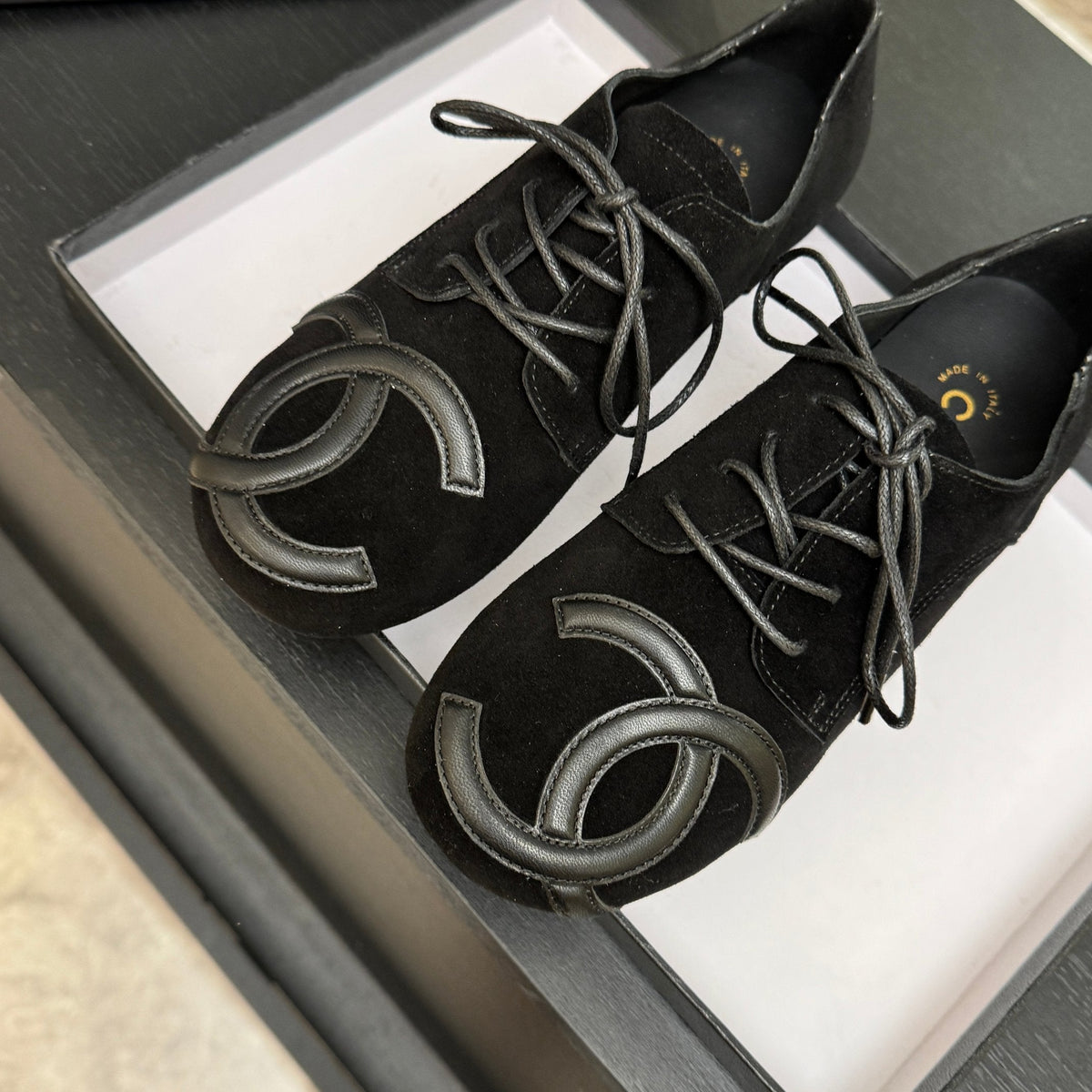 Chanel 26s Cambon Oxfords Black Suede 168049