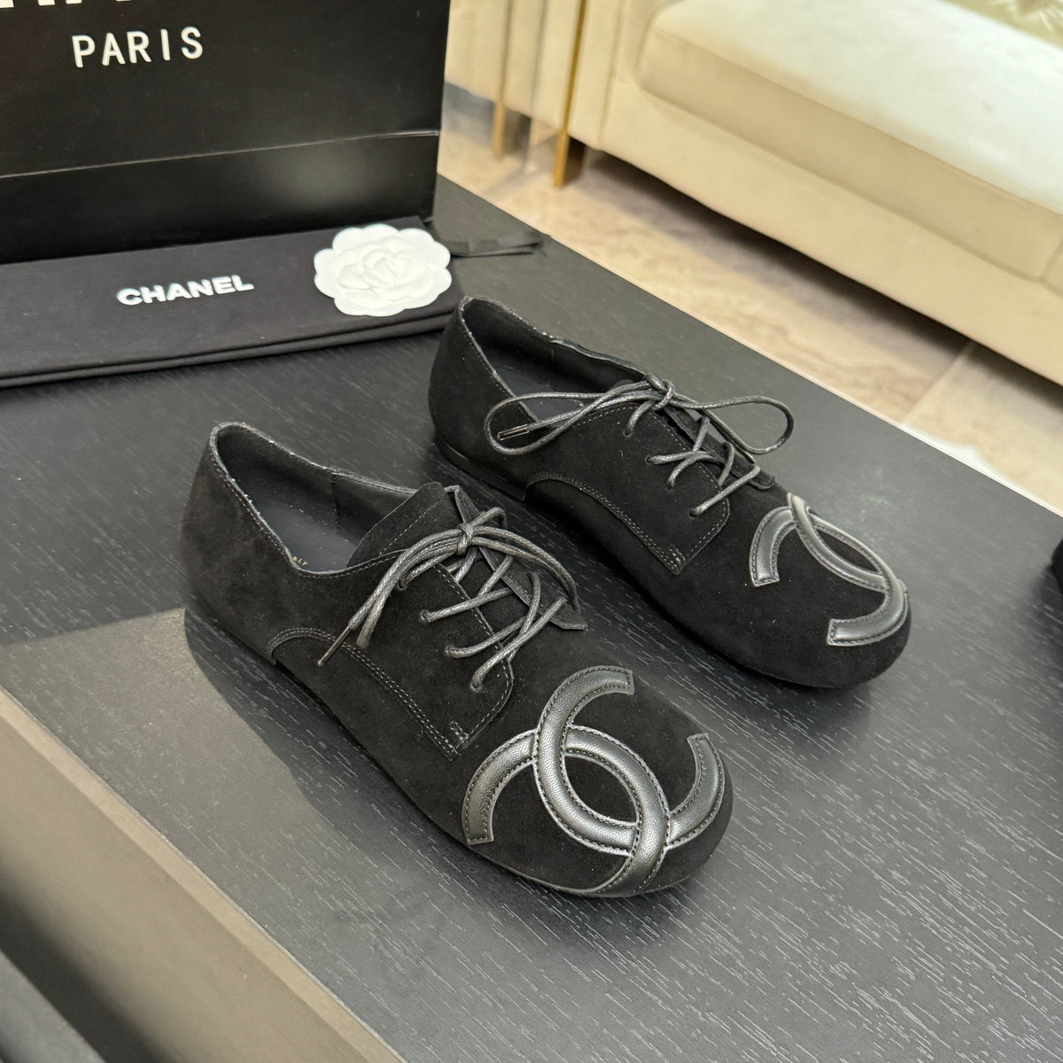 Chanel 26s Cambon Oxfords Black Suede 168049