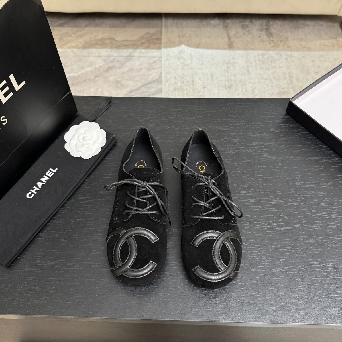 Chanel 26s Cambon Oxfords Black Suede 168049
