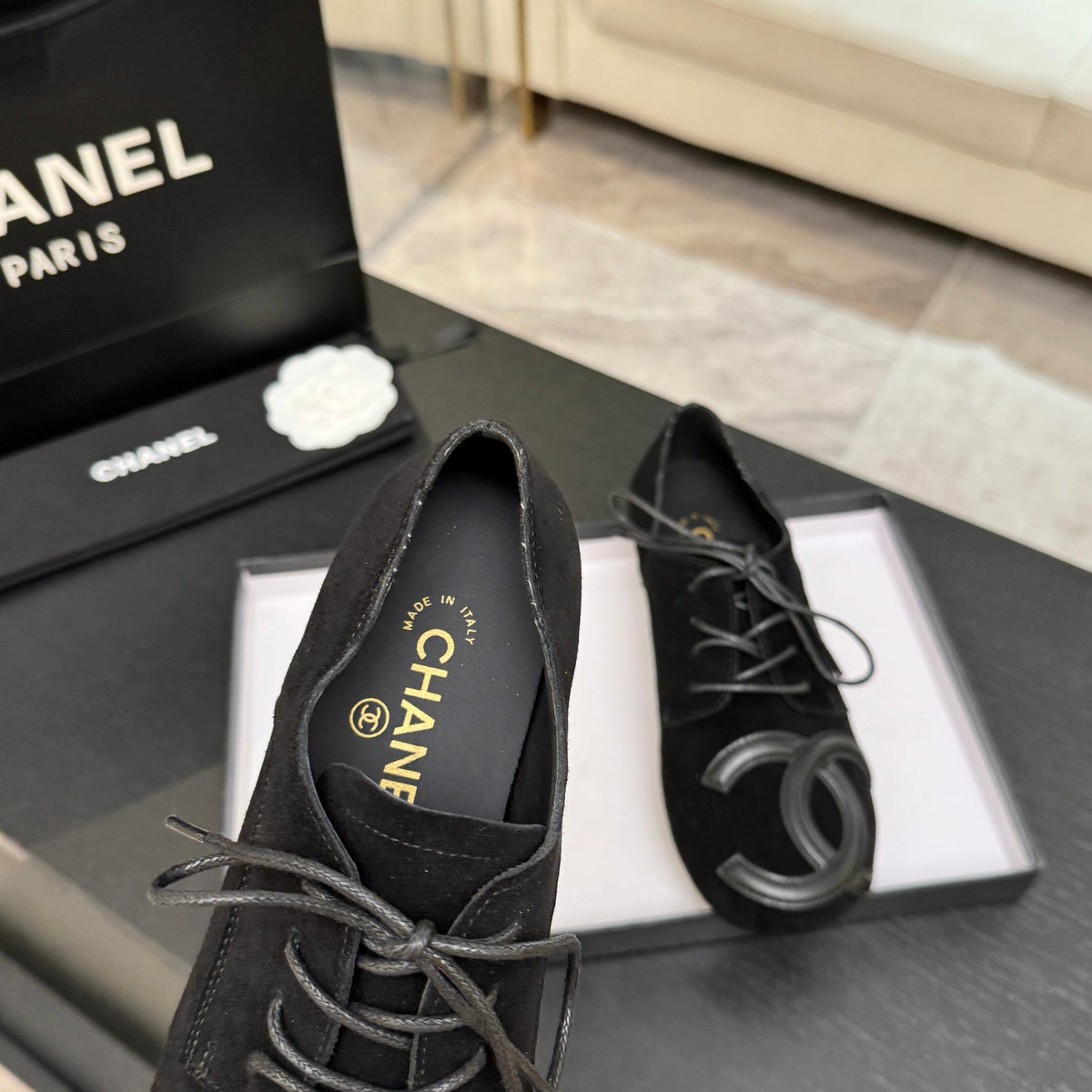 Chanel 26s Cambon Oxfords Black Suede 168049