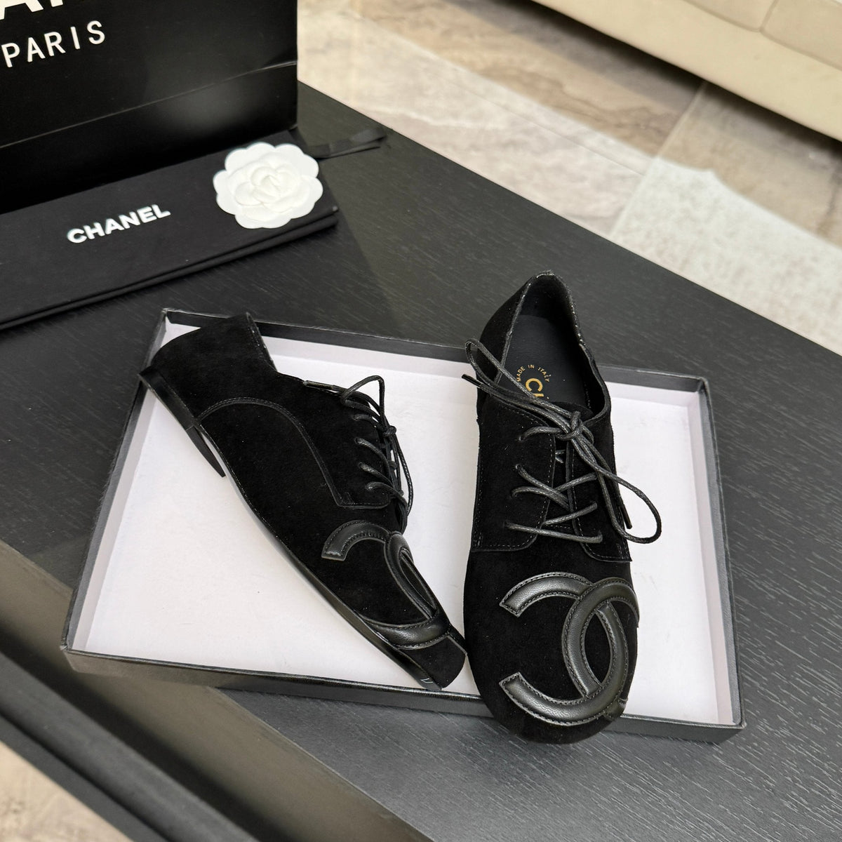 Chanel 26s Cambon Oxfords Black Suede 168049