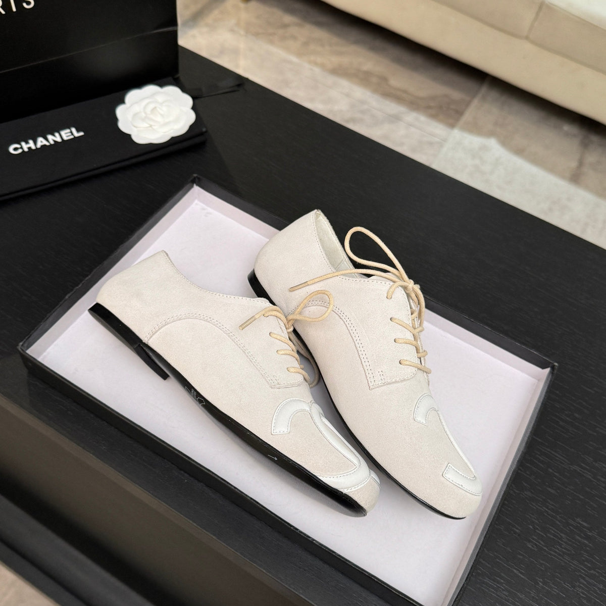 Chanel 26s Cambon Oxfords Cream Suede 168050