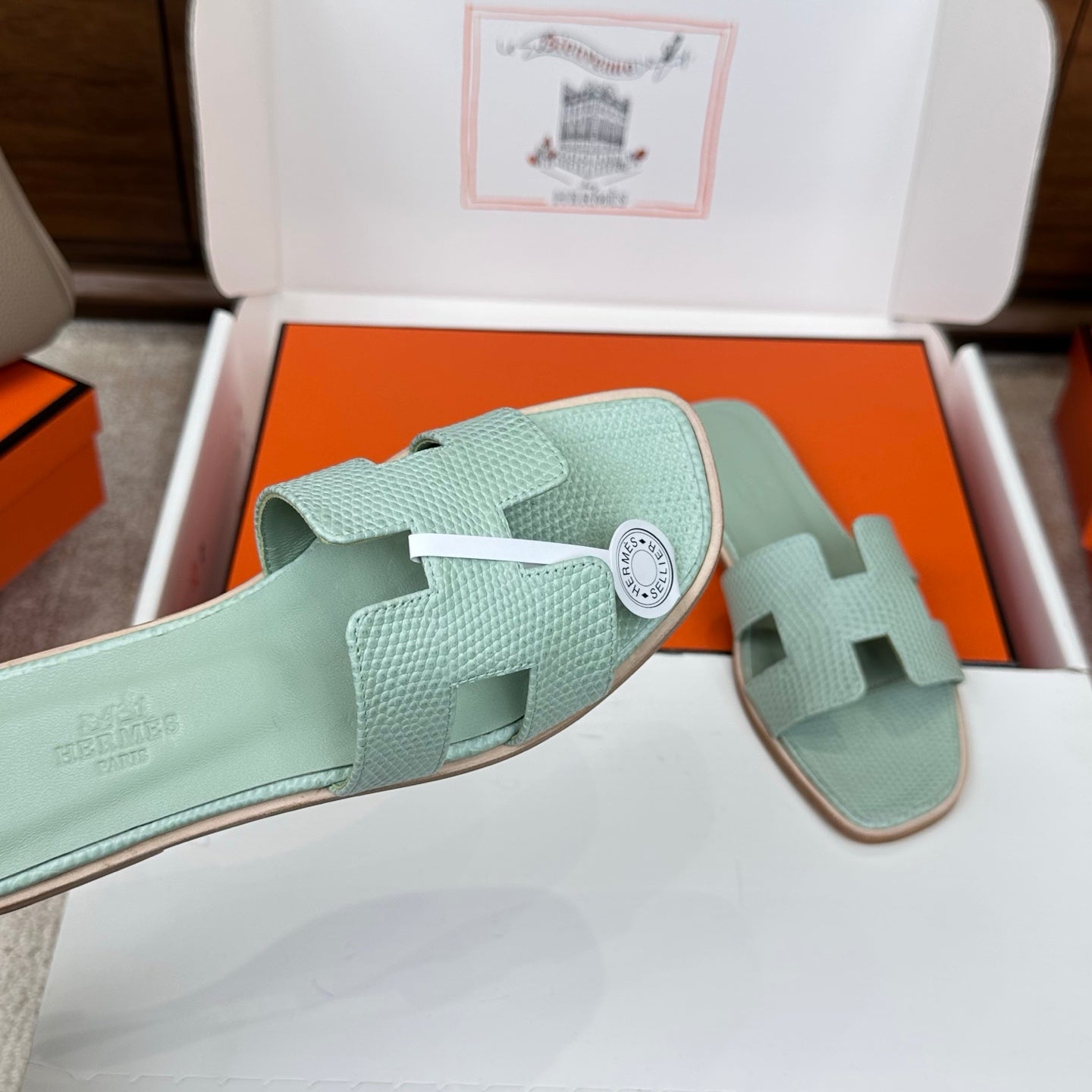 HM Oran Sandal Sage Green Embossed Lizard Leather 802375