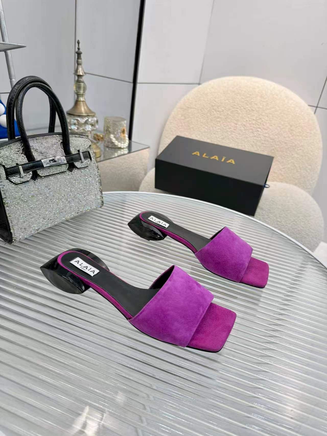 Alaia Suede Ellipse Mules 3cm Purple Black Leather Suede 986462