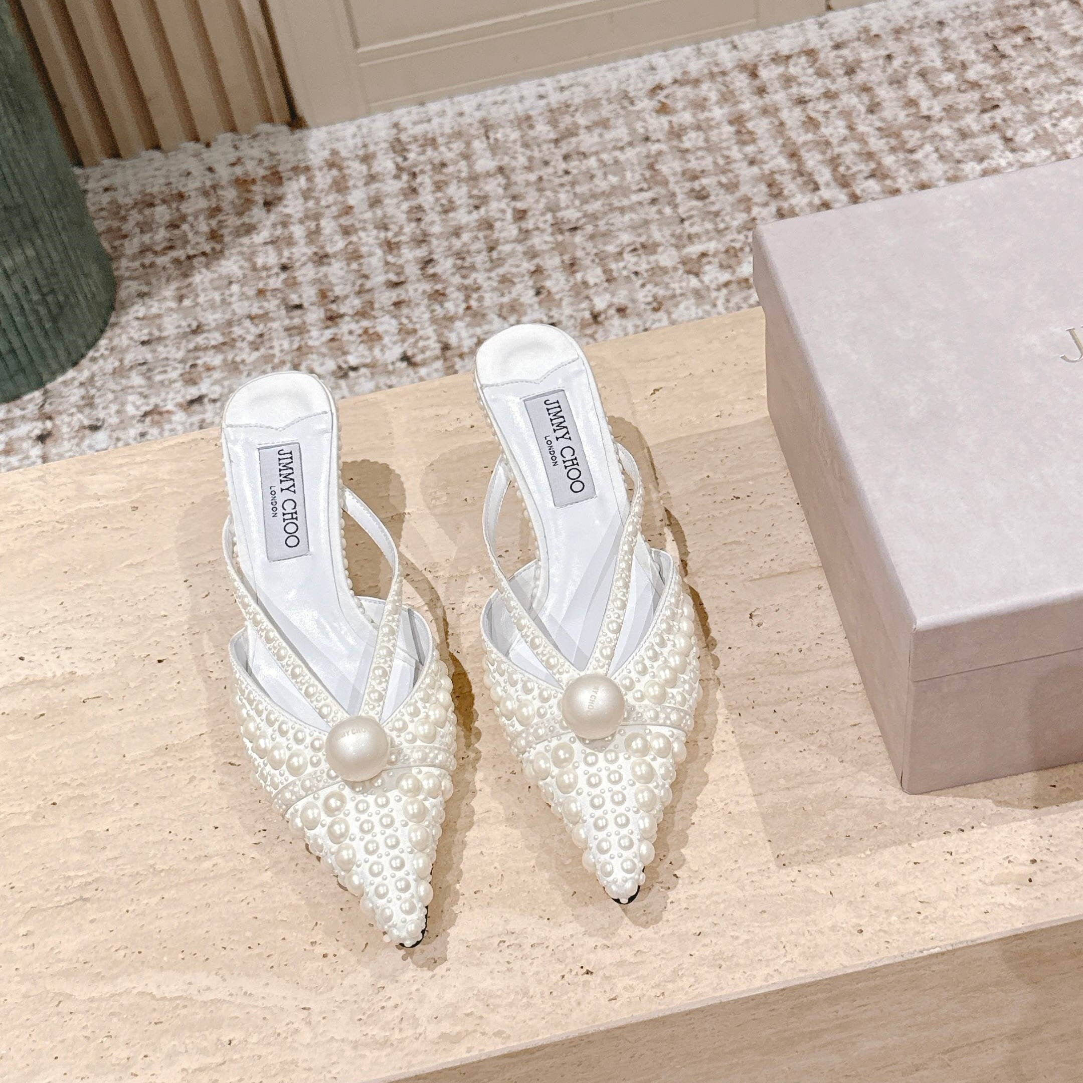 Jimmy All-Over Pearls Sana Mule 50mm White Satin Fabric 431840
