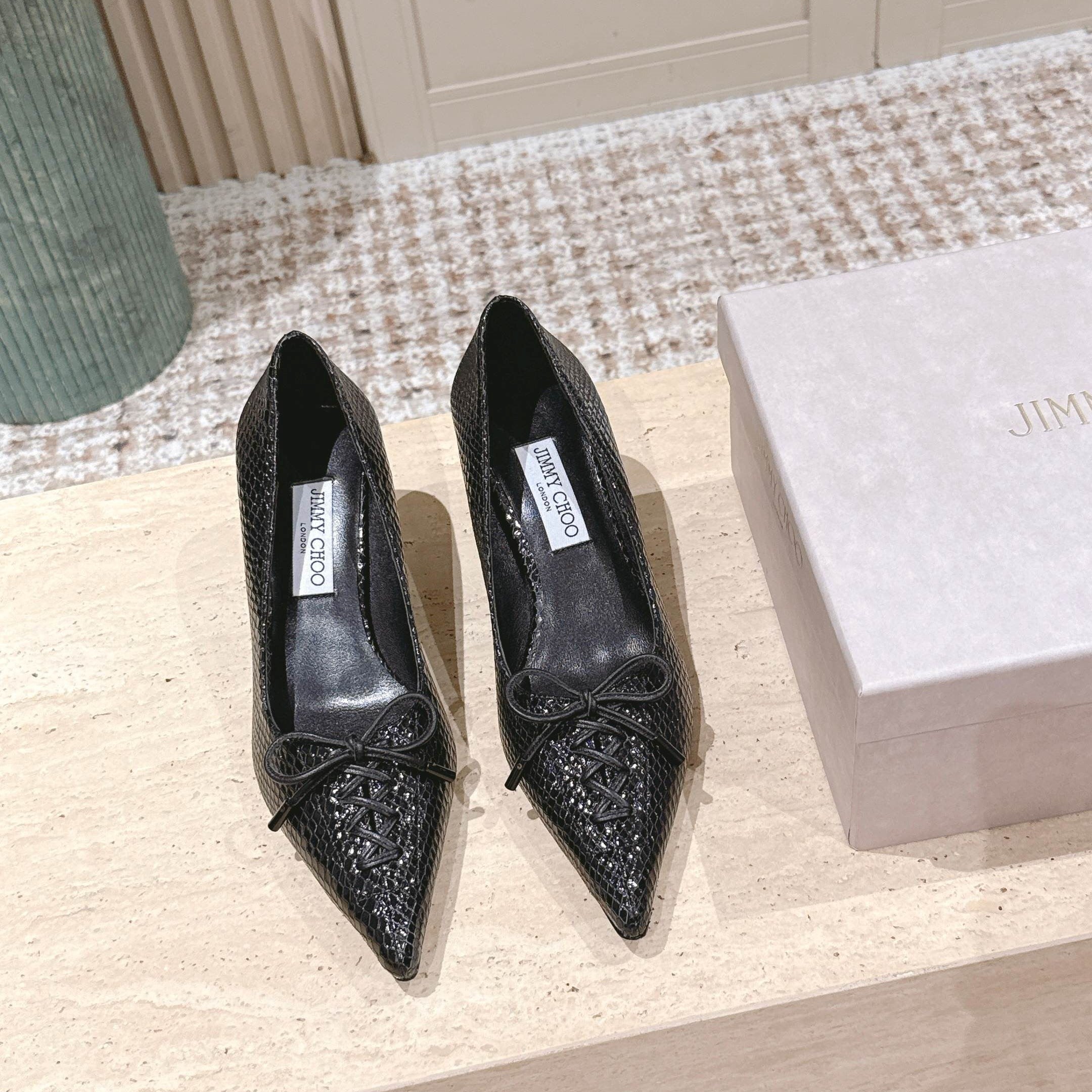 Jimmy Scarlett Snake Embossed Pumps 50mm Black Cowhide 431851
