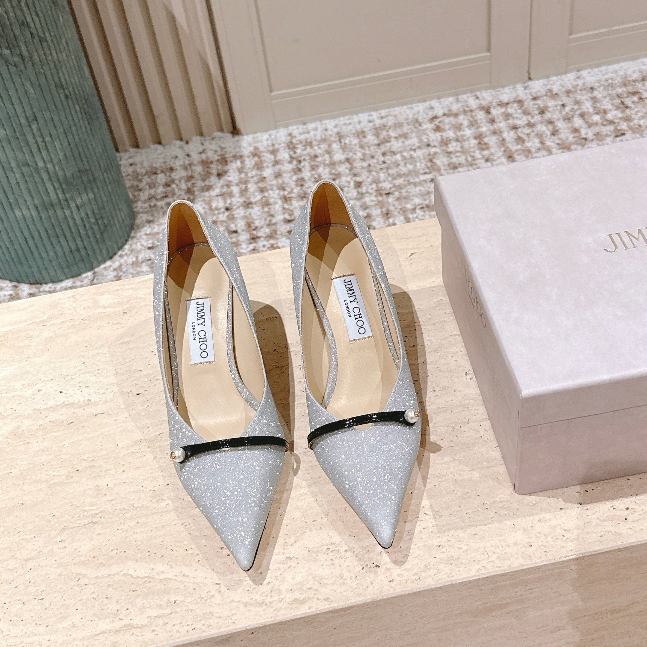 Jimmy 25 Amita Pump 65mm Sliver Glitter & Patent Leather 431864