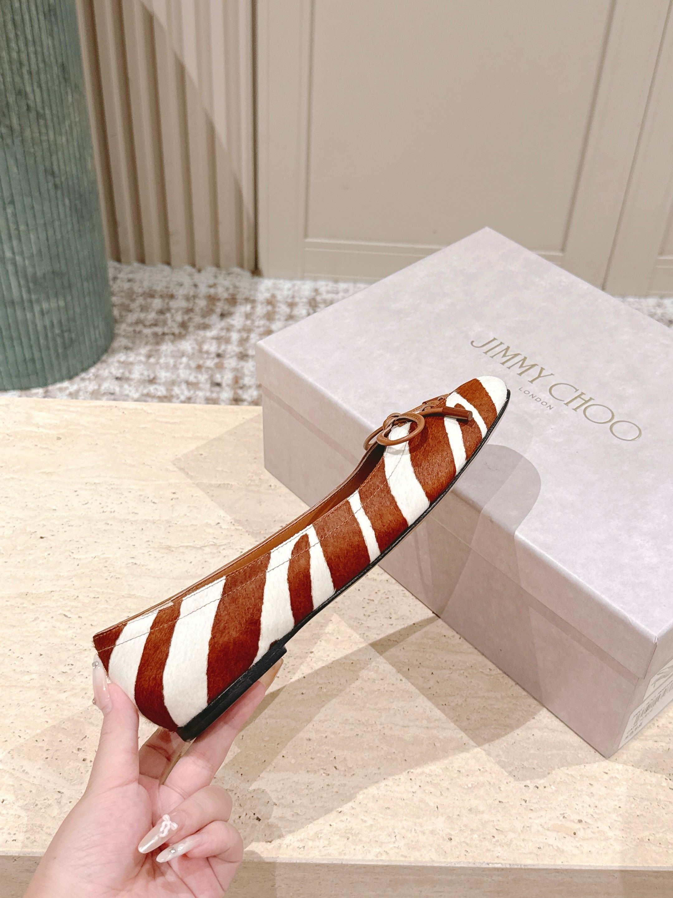 Jimmy 25s Ballet Flats 10mm Light Brown White Zebra Hair & Sheepskin 431865