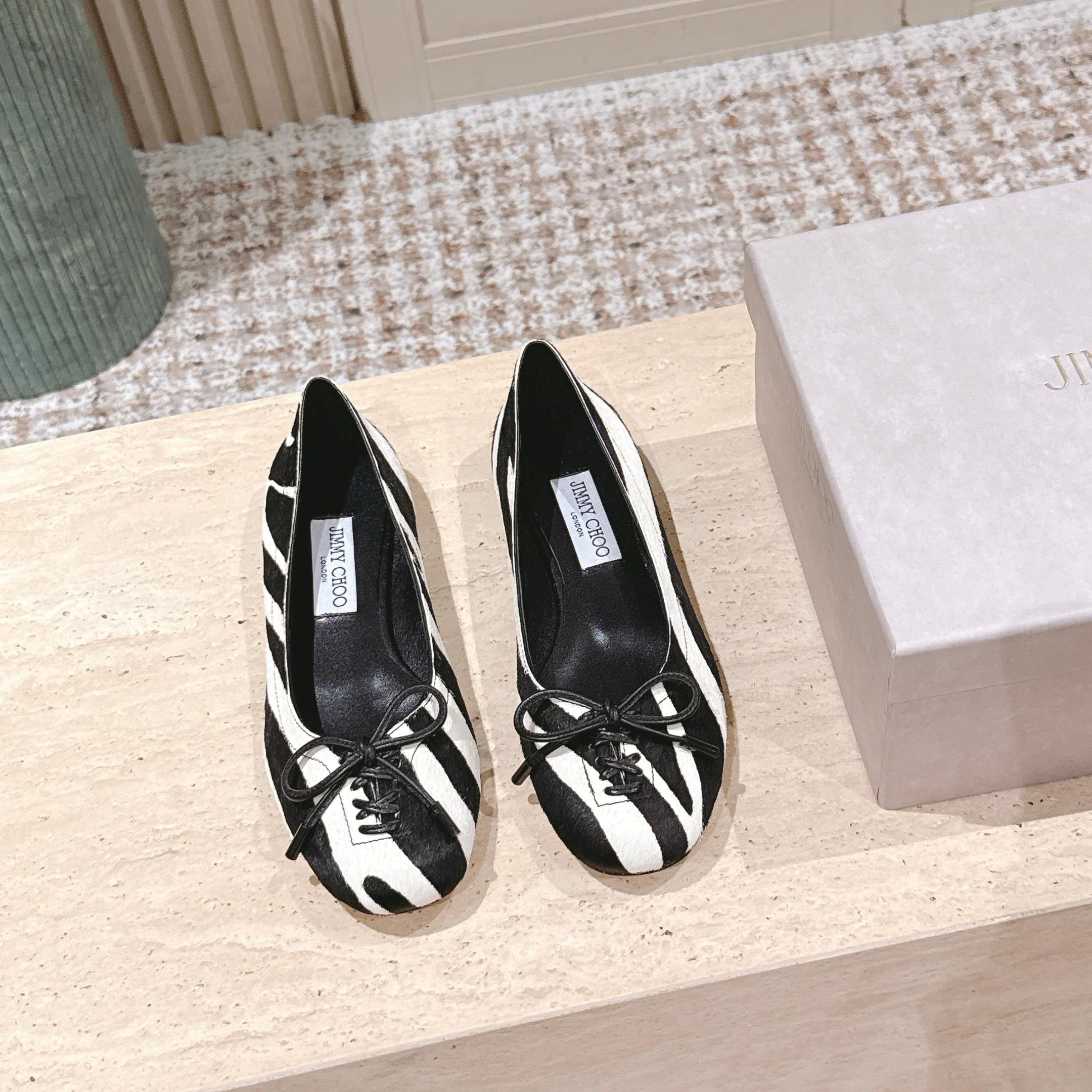 Jimmy 25s Ballet Flats 10mm Black White Zebra Hair & Sheepskin 431866
