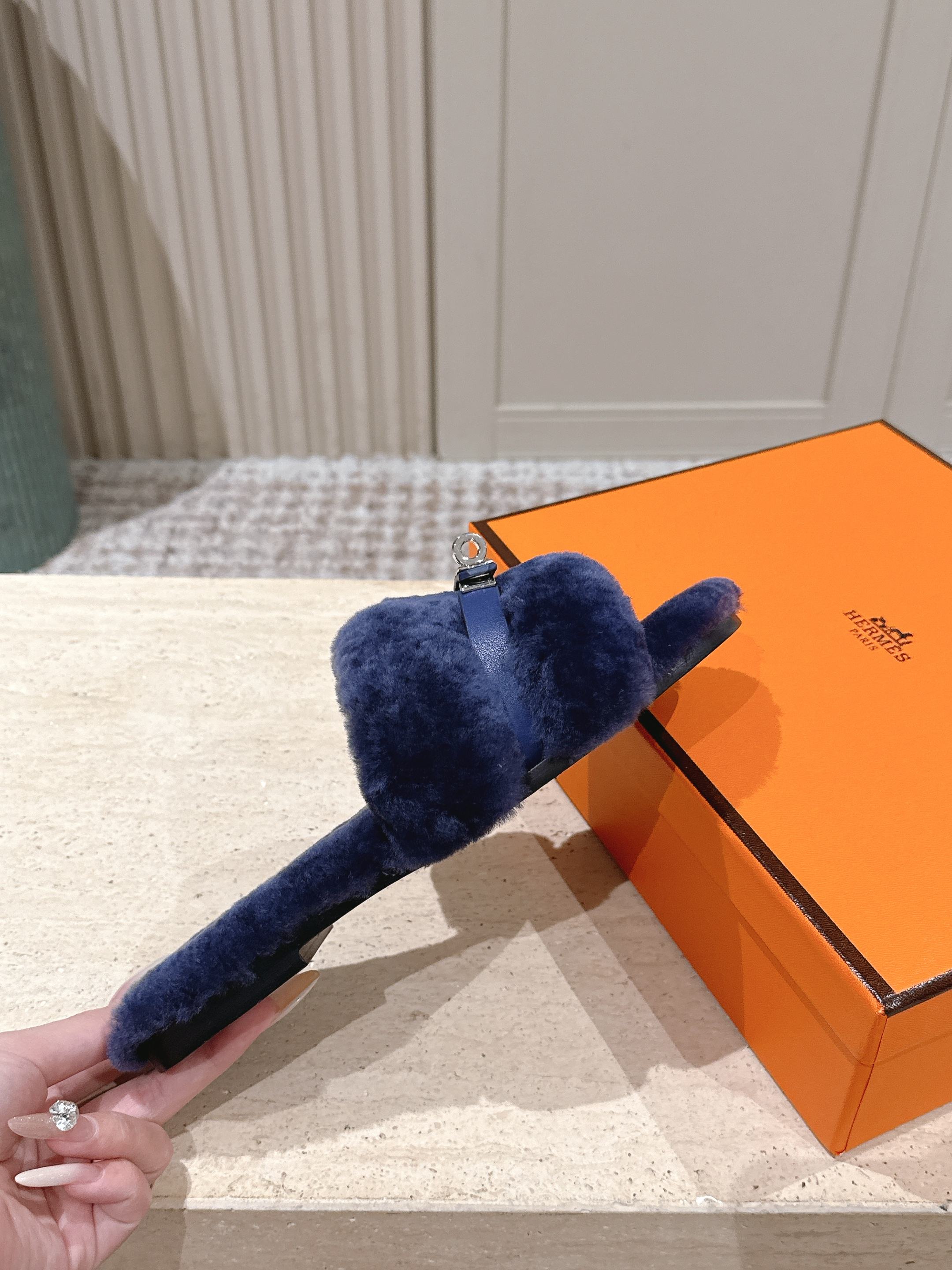 HM Oran Slippers Sliver Buckle Dark Blue Wool 583750