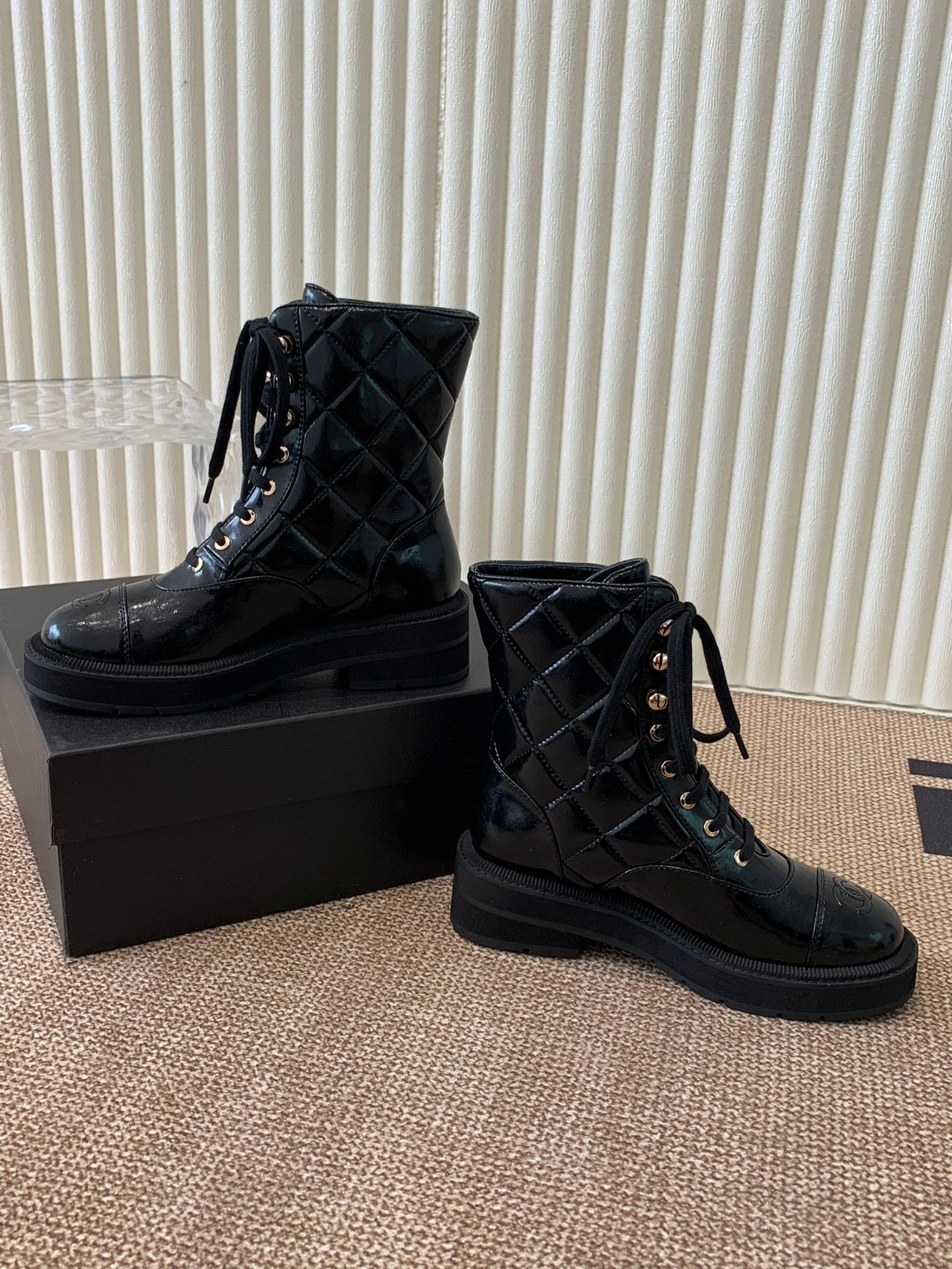 Chanel Electric Ankle Show Boot Black Glossy Leather 507527