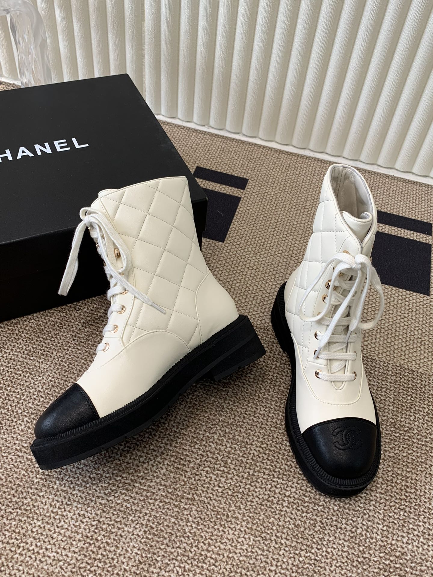 Chanel Electric Show  Ankle Boot  Cream and Black Leather 507521