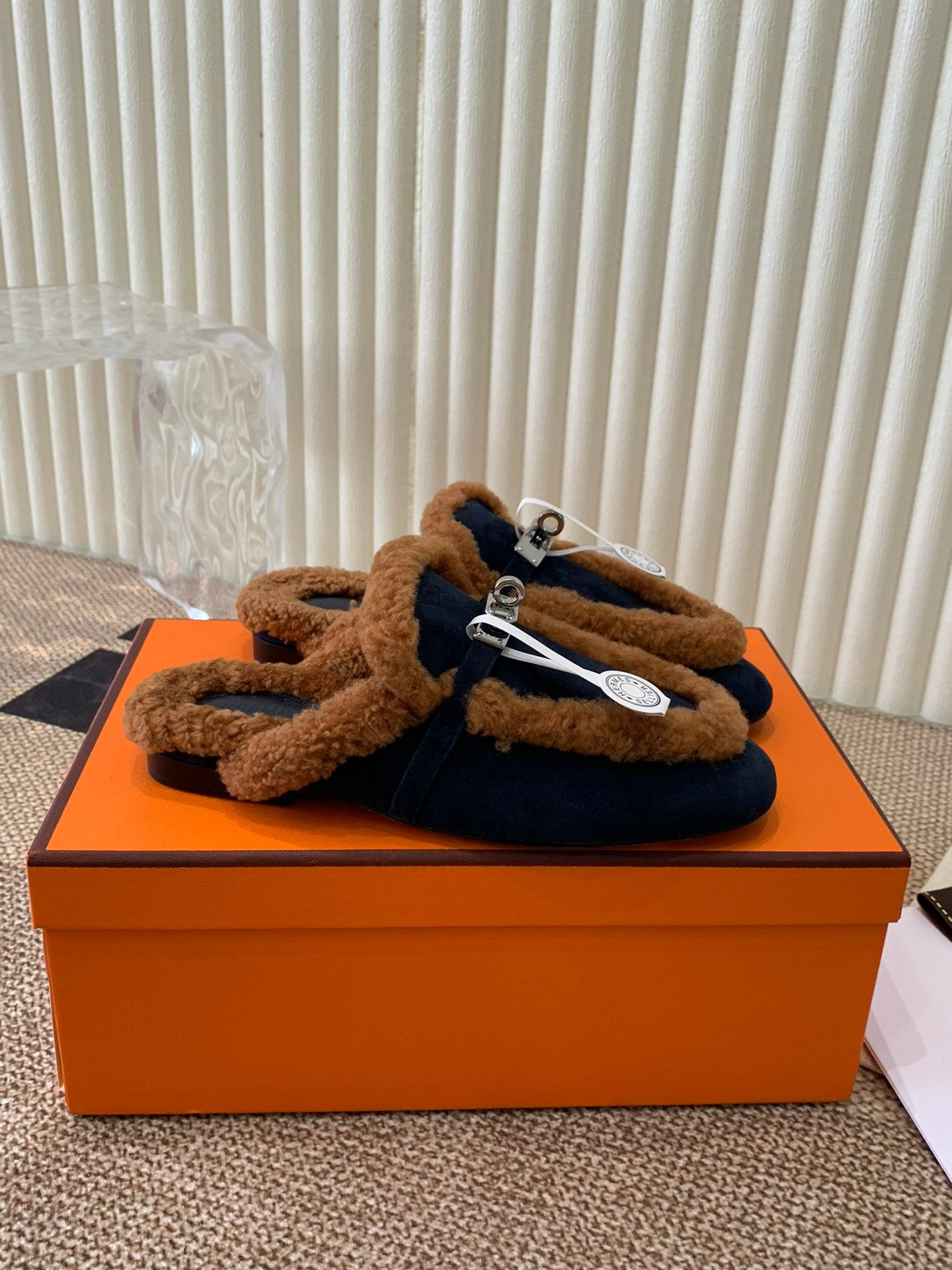 HM Oz Mule In Navy Blue Suede Lined With Wool Fleece 113195