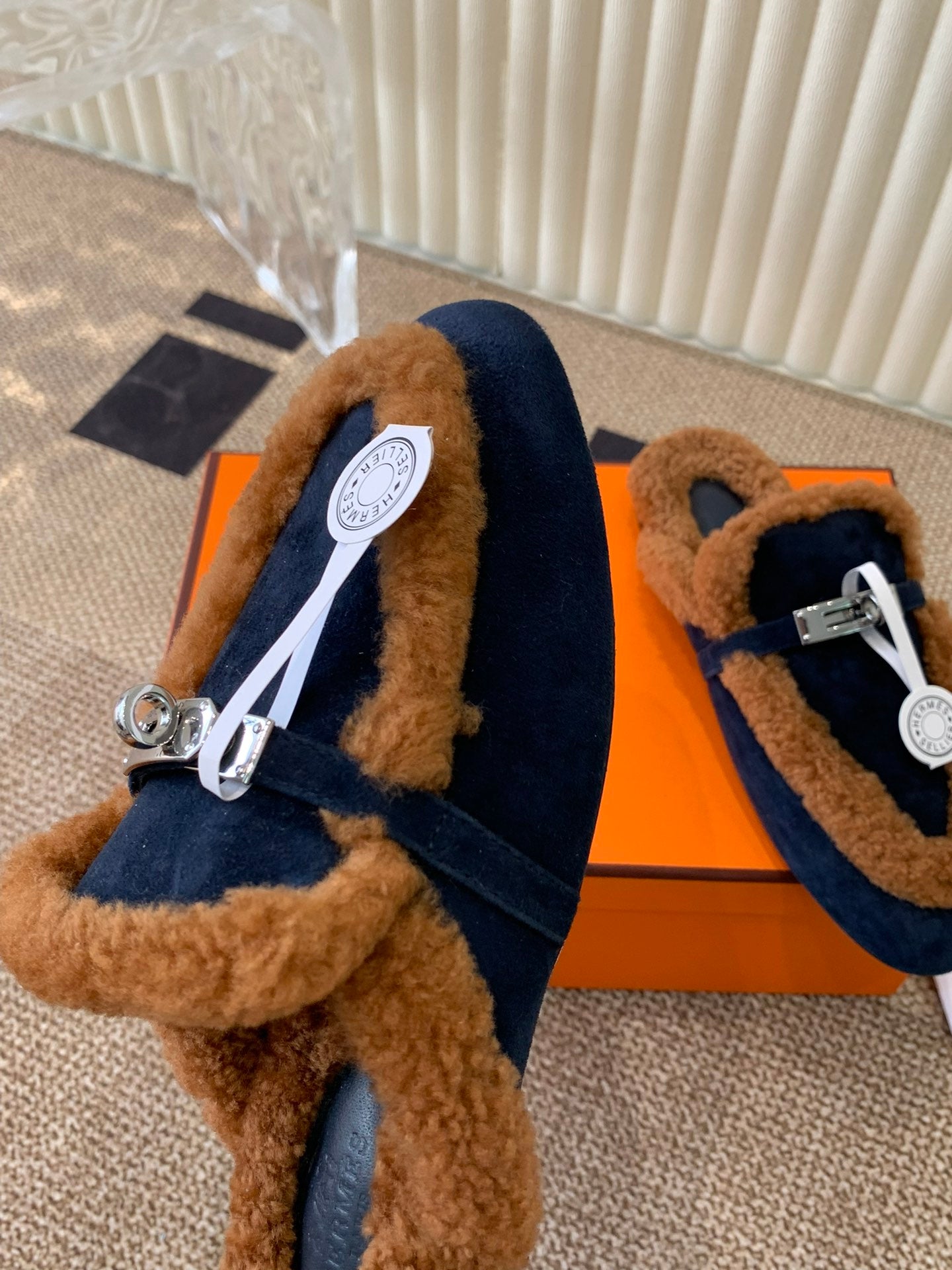HM Oz Mule In Navy Blue Suede Lined With Wool Fleece 113195