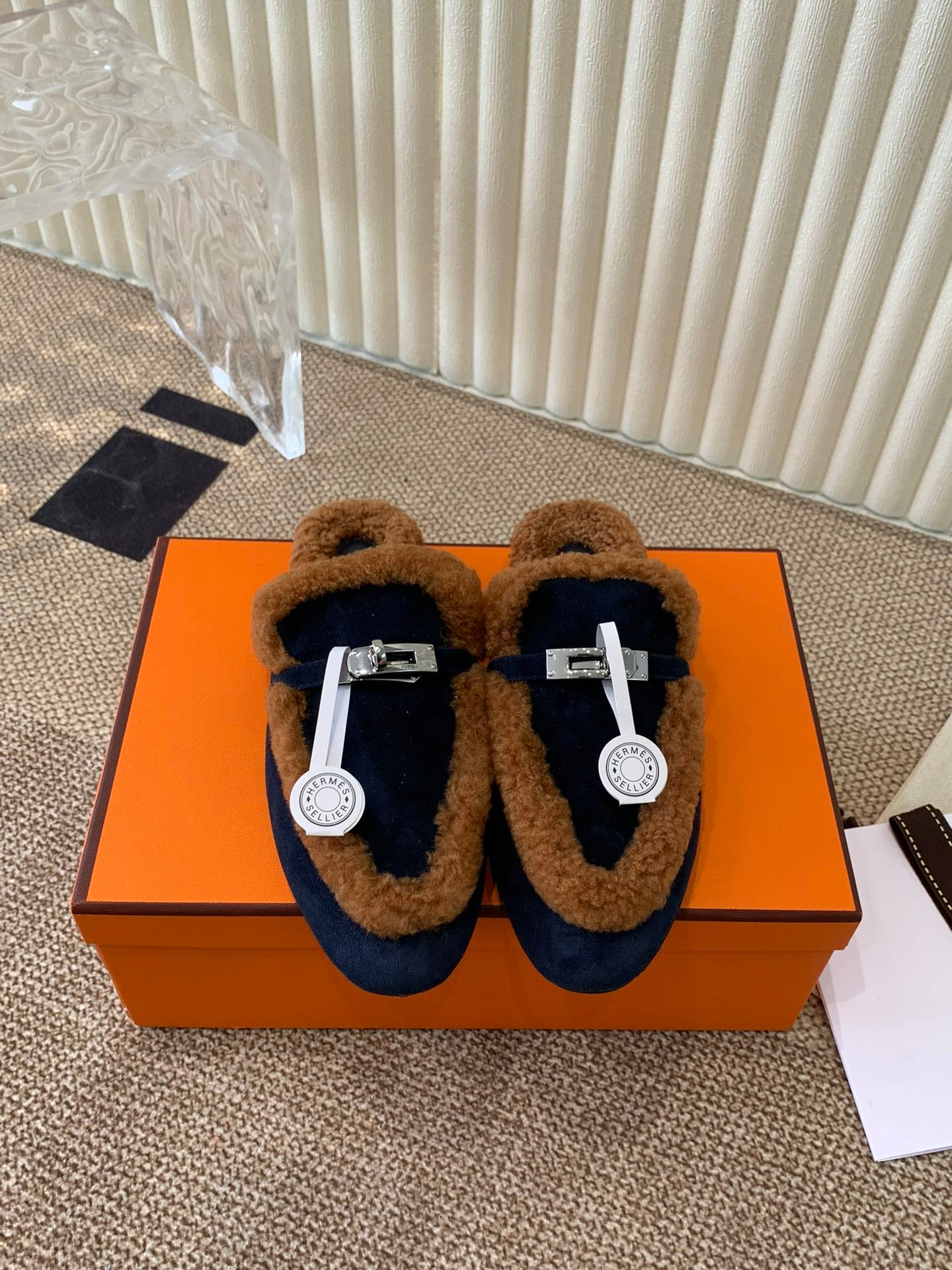 HM Oz Mule In Navy Blue Suede Lined With Wool Fleece 113195