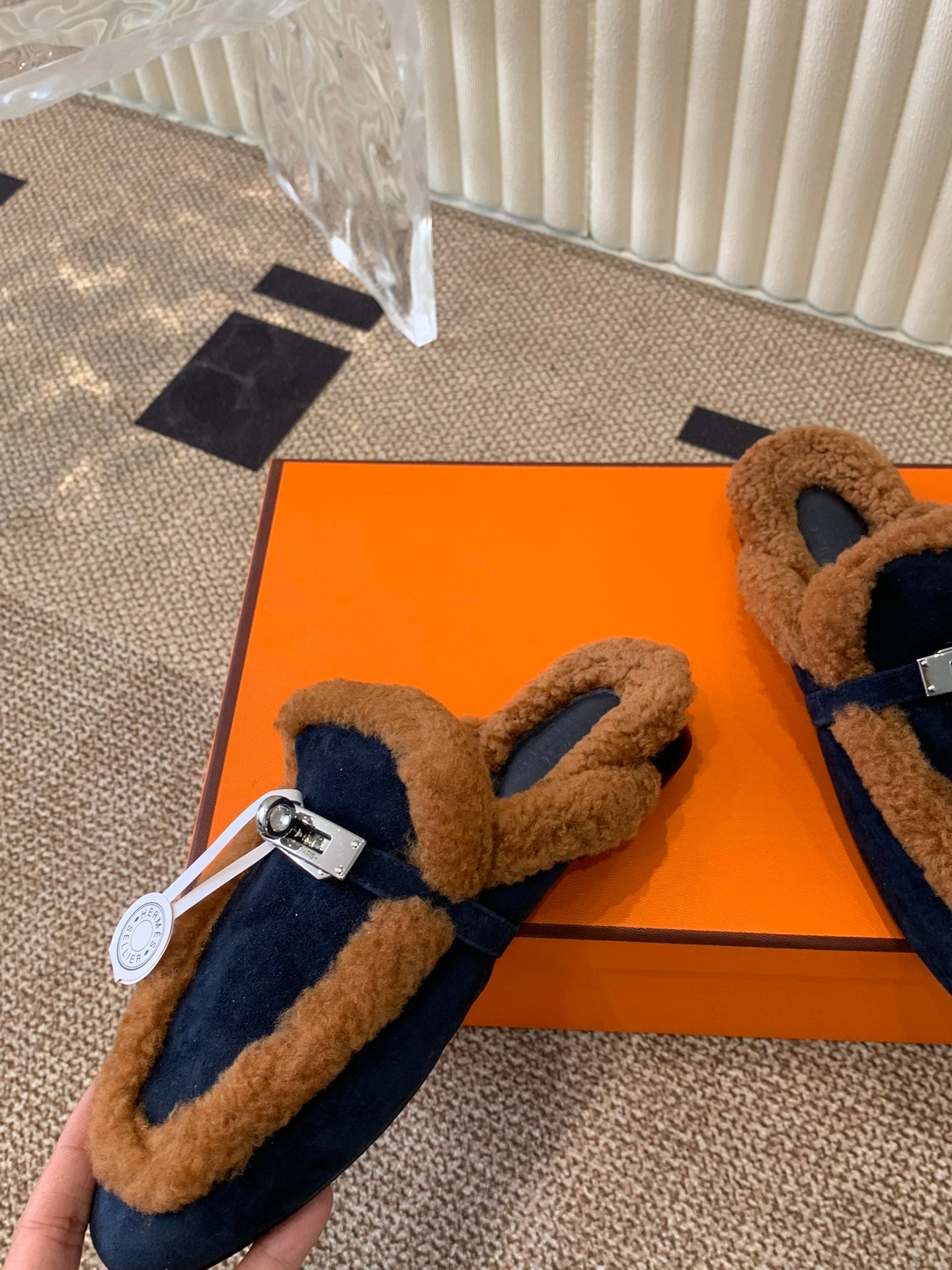 HM Oz Mule In Navy Blue Suede Lined With Wool Fleece 113195