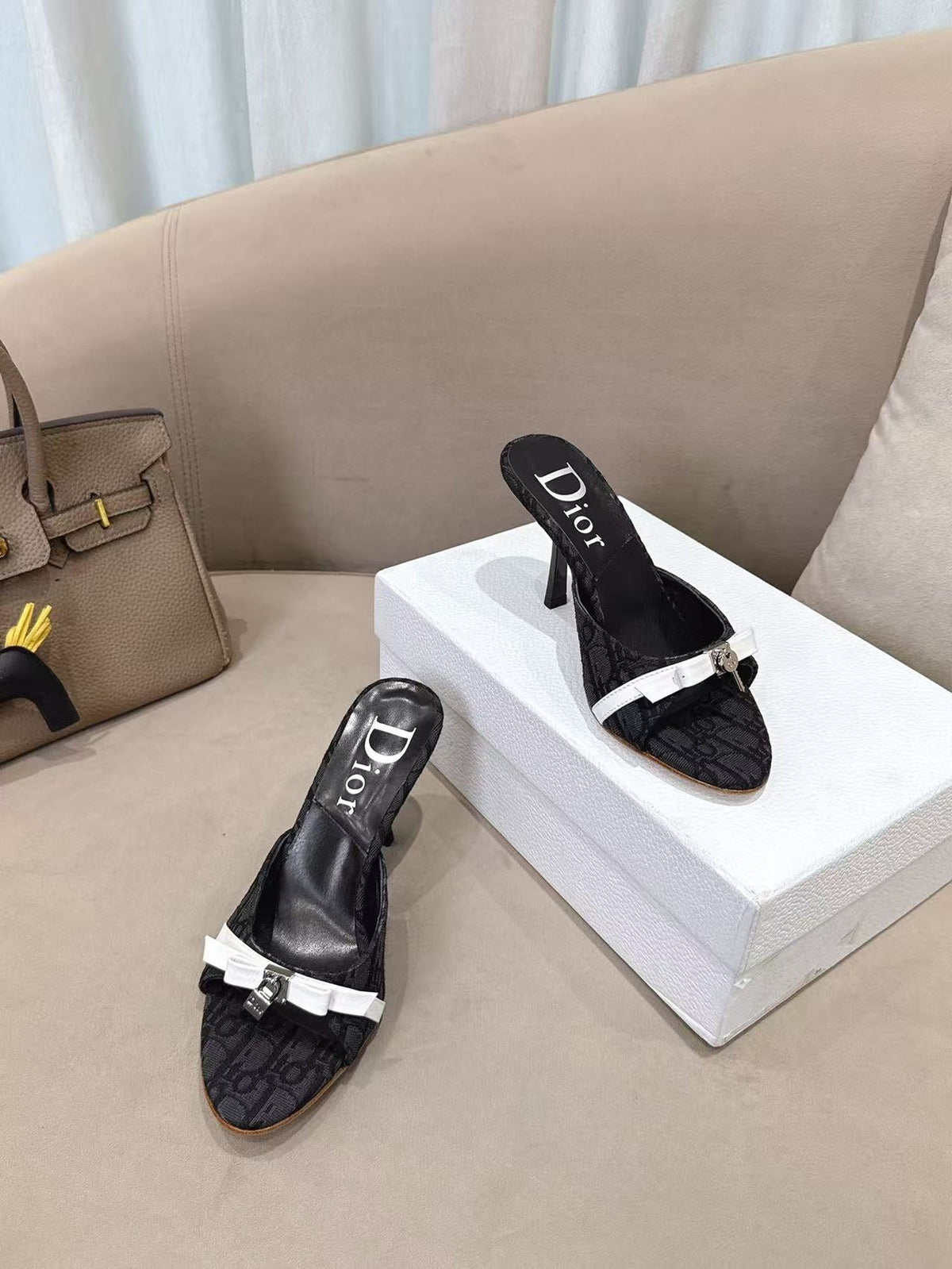CD 26s Open Toe Mules 8.5cm Black Oblique Canvas Leather 116949