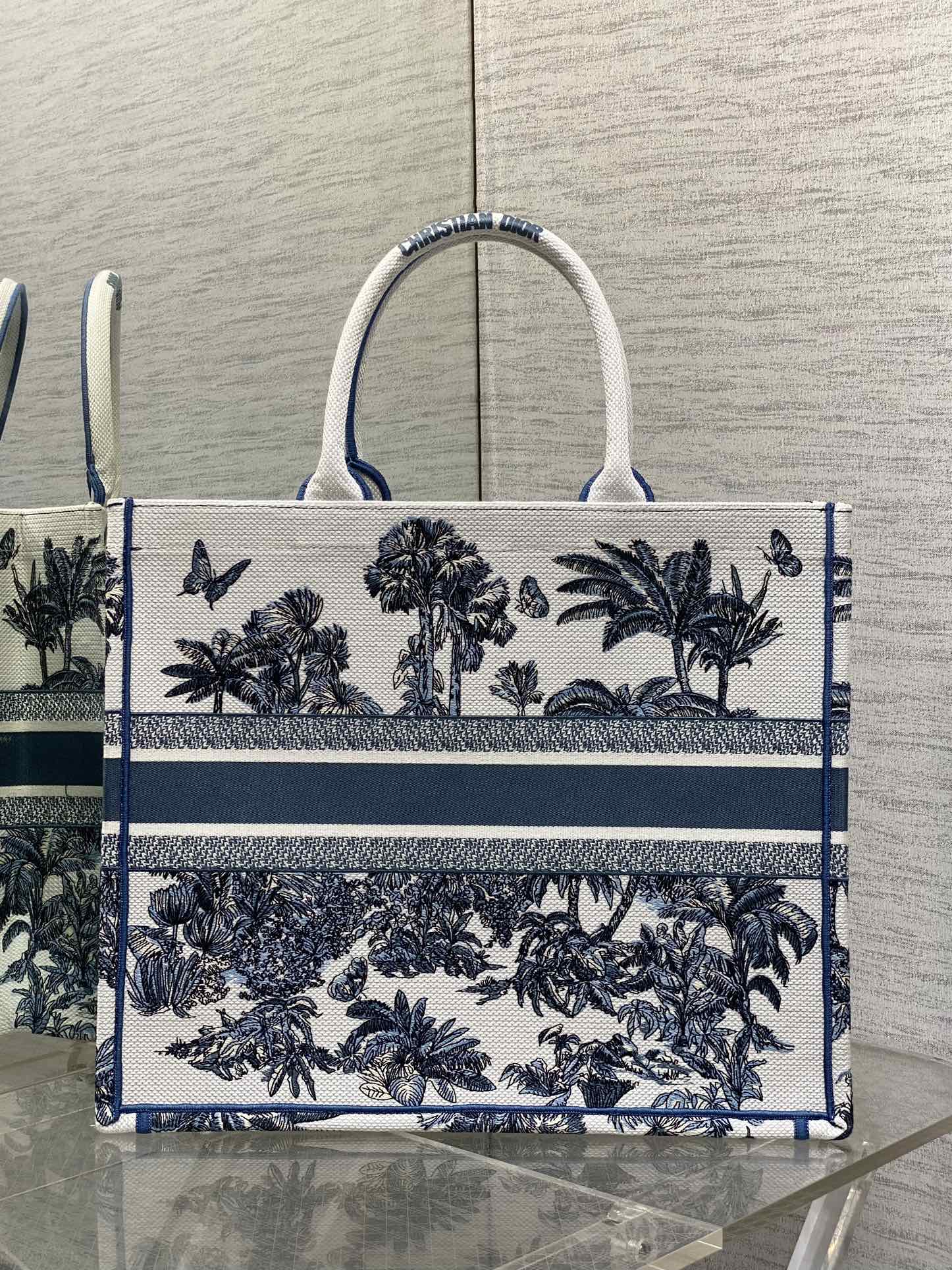 CD Large Dior Book Tote Tropical Pattern Slate Blue White Cotton