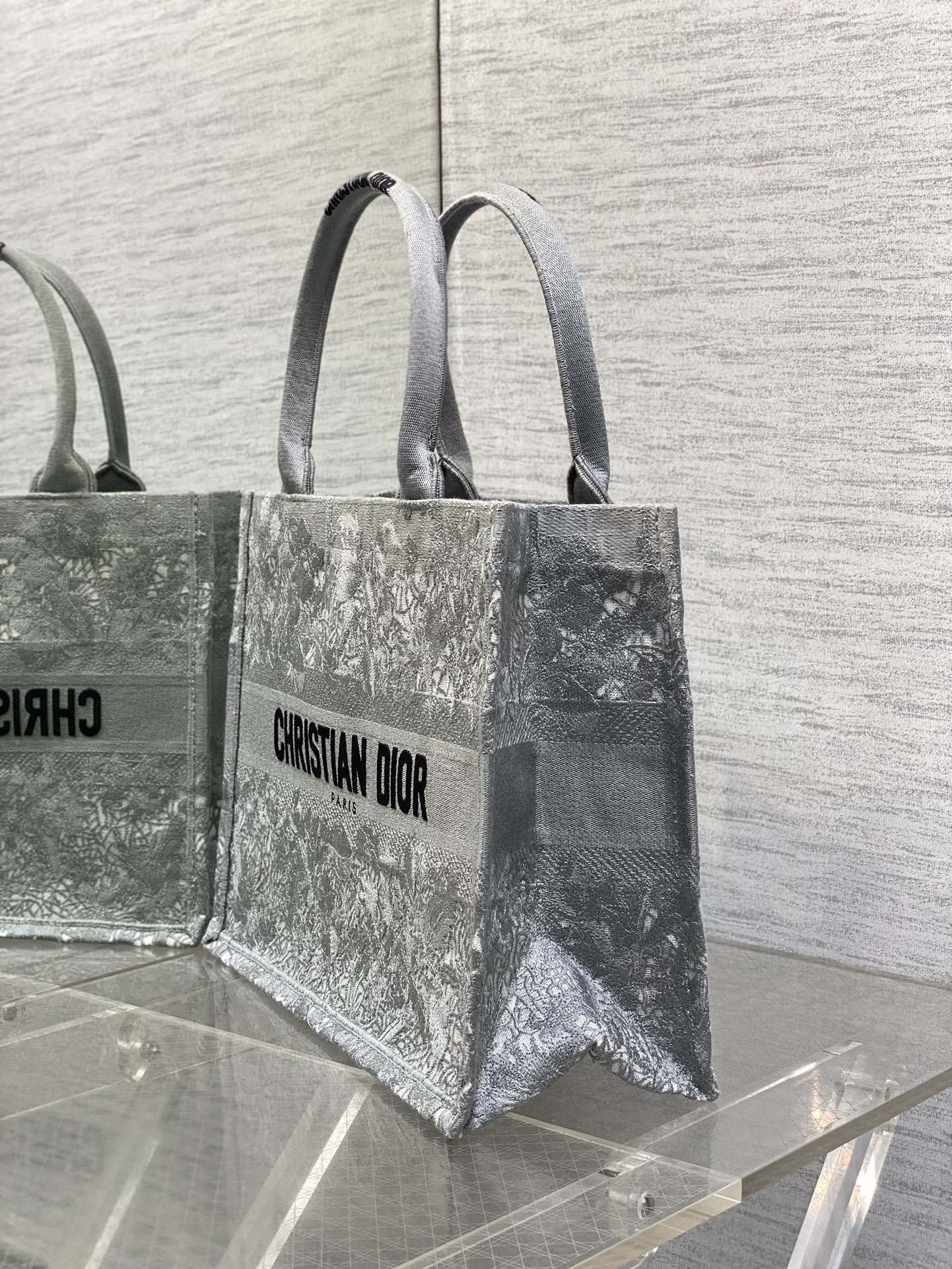 CD Medium Dior Book Tote Scotland’s National Flower Pattern Grey Cotton